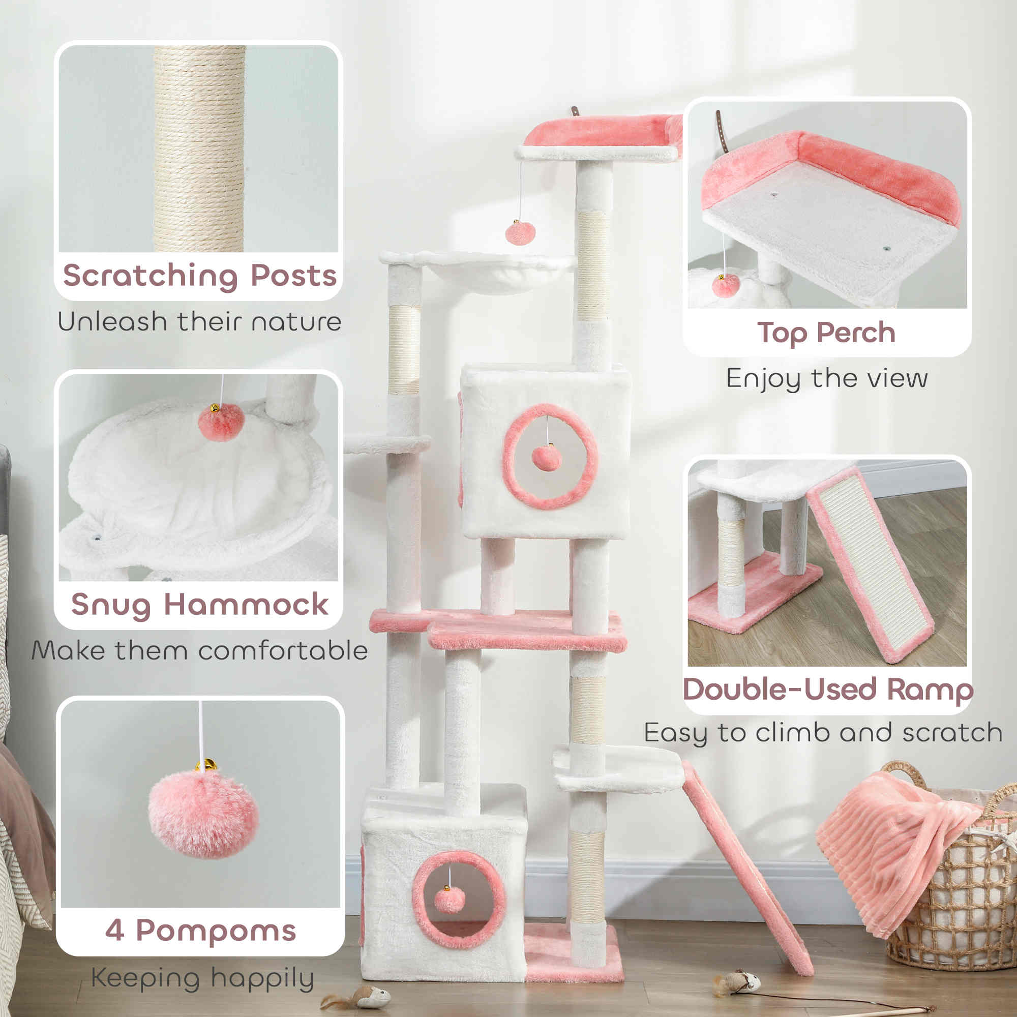 65 Inch Cat Tree with 2 Doors Condos, Plush Top Perch, Hammock, Sisal Scratching Posts, 4 Pompoms, Ramp, White