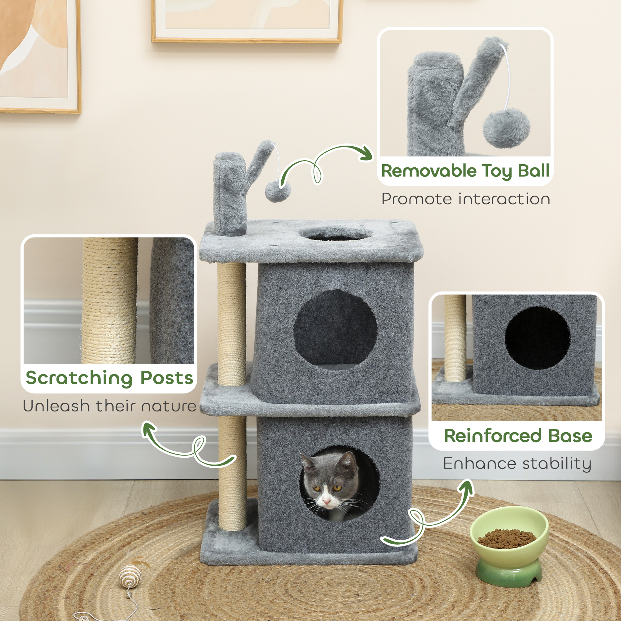 31.5" Cat Tree, Multi-Level Cat Tower with 2 Condos and Soft Plush Perches for 1-2 Cats, Grey