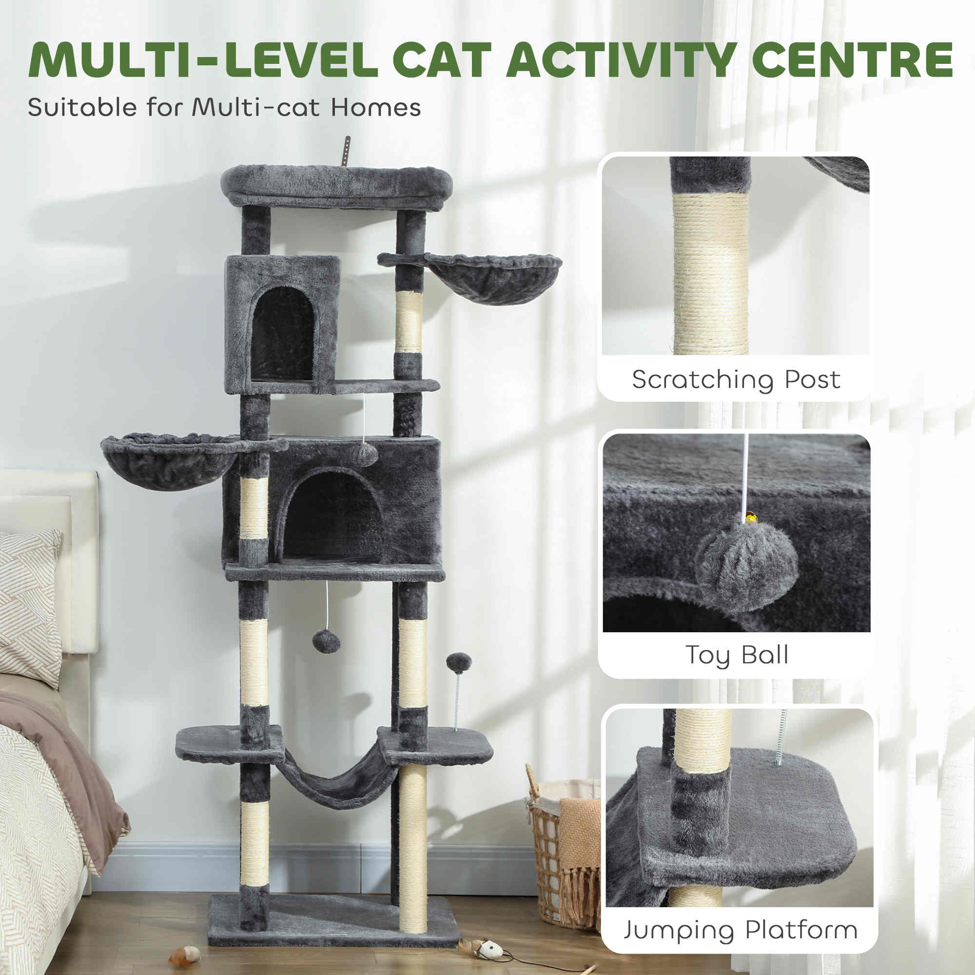 69" Cat Tree, Multi-Level Cat Tower with 2 Condos, Plush Perch and Sisal Scratching Posts, Dark Grey
