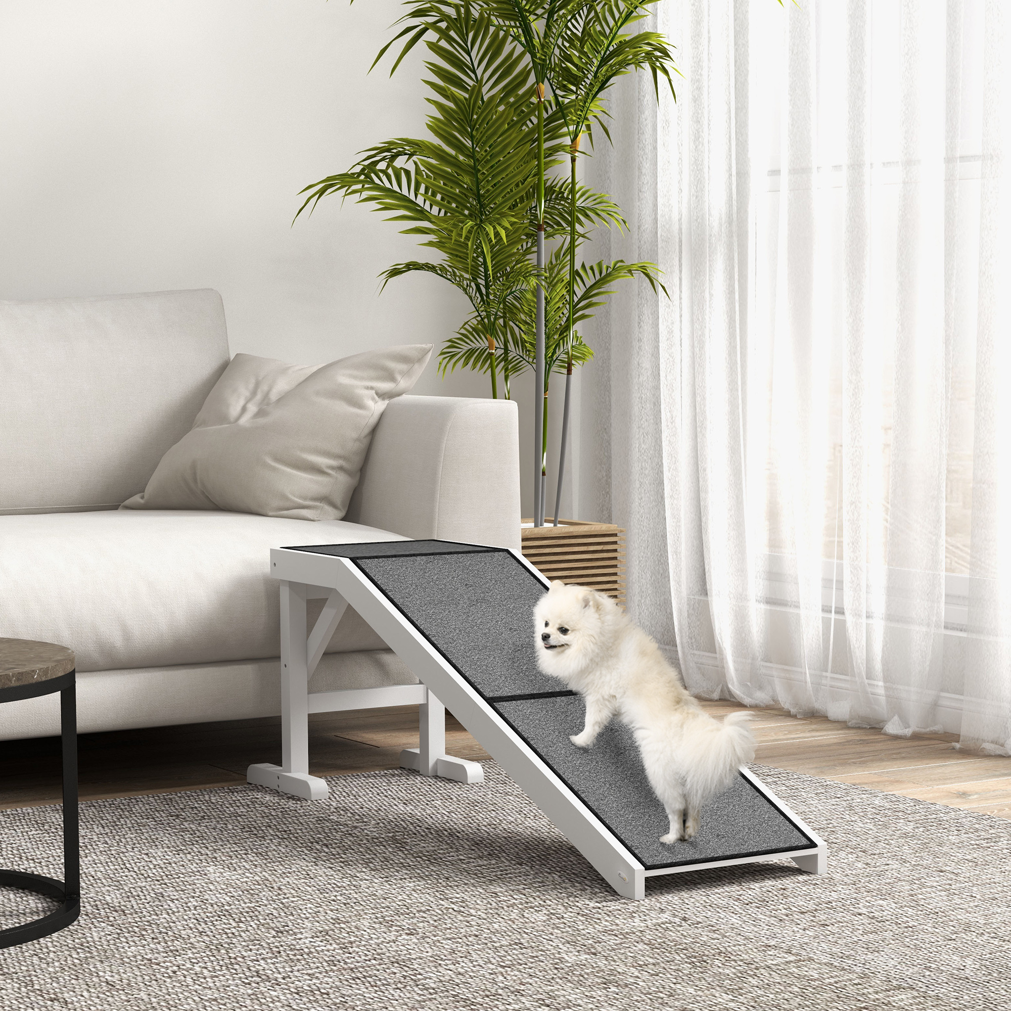 Pet Ramp Bed Steps for Dogs Cats Non-slip Carpet Top Platform Pine Wood 59"L x 16"W x 20"H White