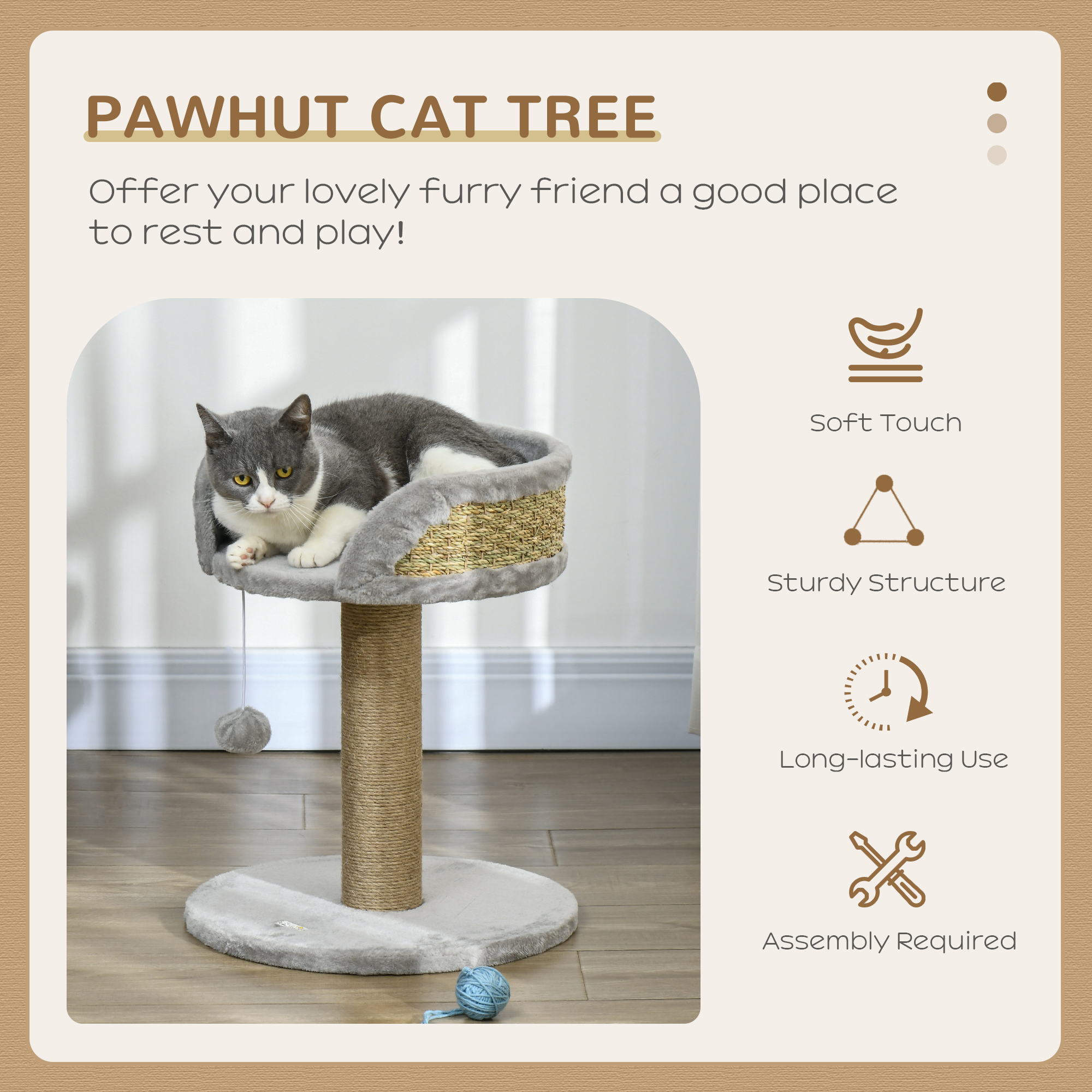 Cat Tree with Scratching Post, Toy Ball, Perch, Small Cat Tower for Indoor Cats - 16" x 16" x 19", Grey - Image 4