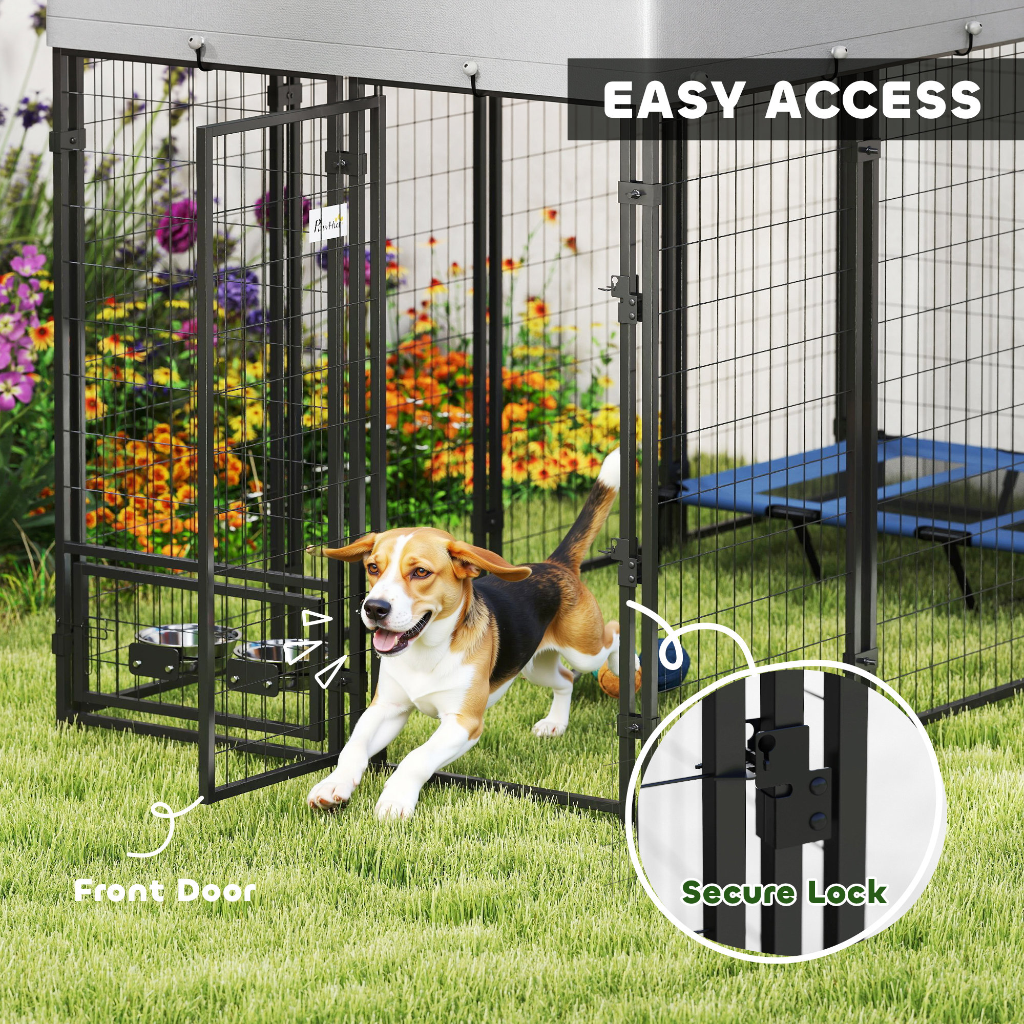 8' x 4' x 6' Outdoor Dog Kennel, Dog Kennel Outside Run with 360° Rotating Bowls, Waterproof & UV Resistant Cover
