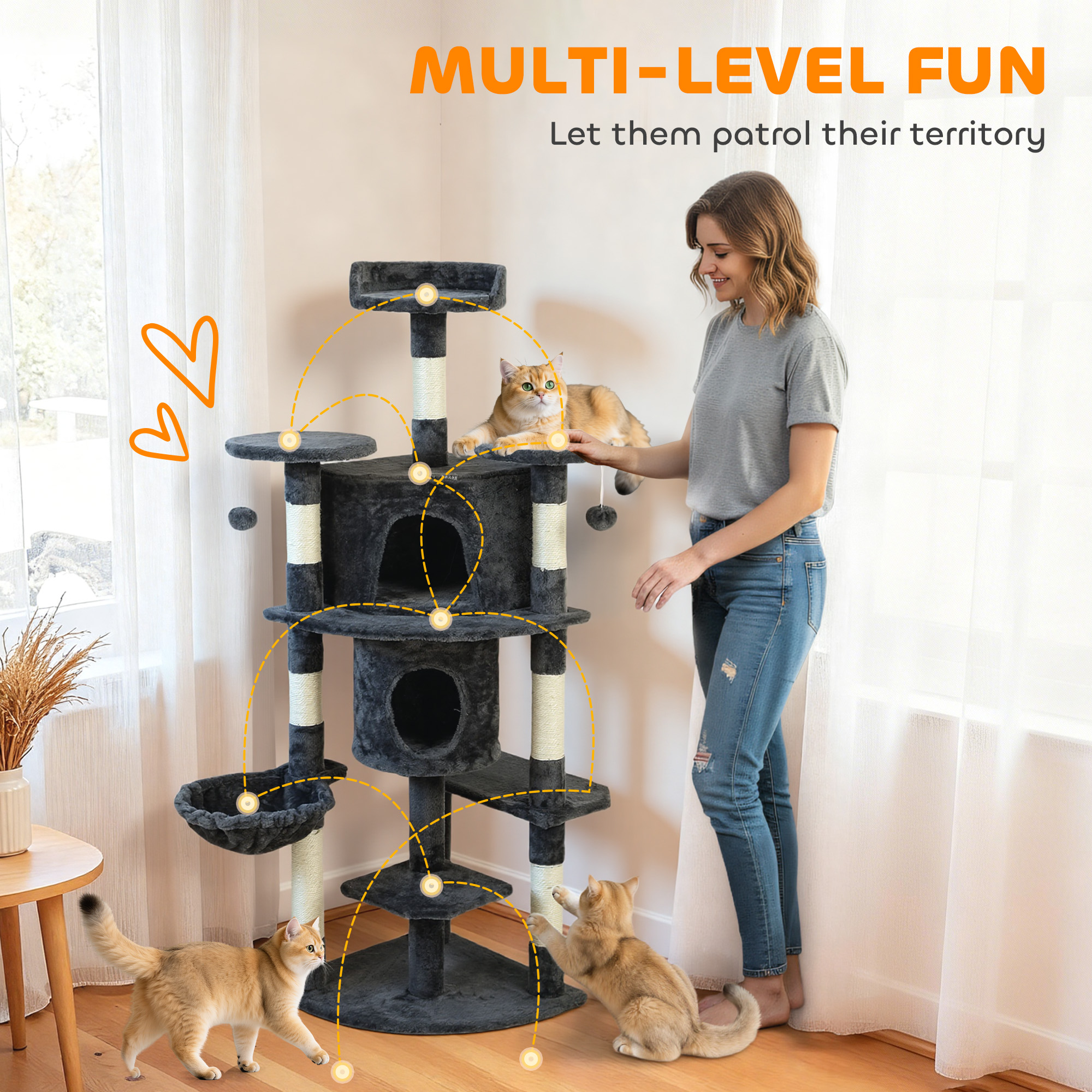 62" Cat Tree with Scratching Post, 2 Condos, Hammock, Perches, Plush, Pompoms, for Indoor Cats, Dark Grey - Image 4