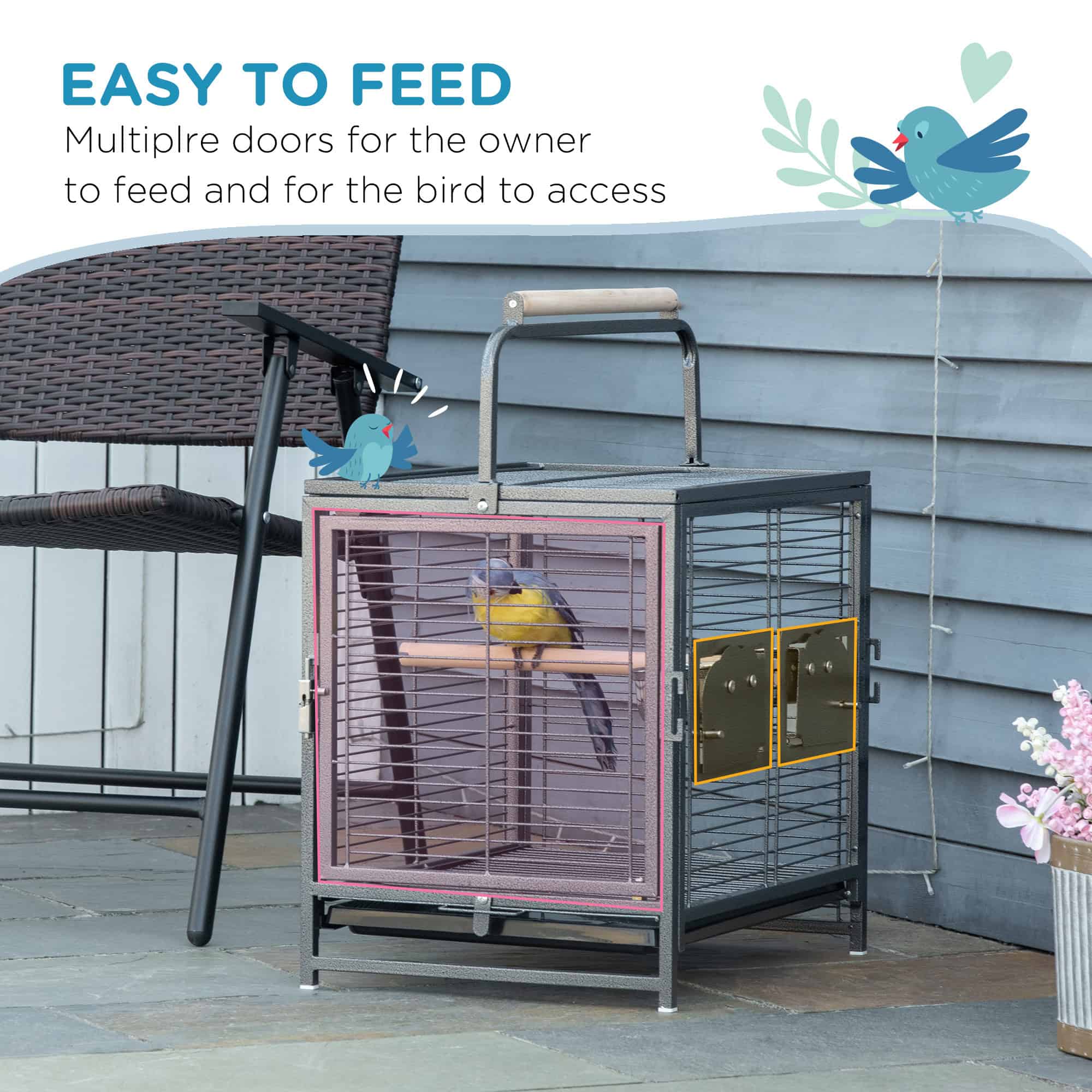Bird Travel Carrier Cage, Portable Metal Bird Cage for Parrots Conures Cockatiel Parakeets with Stand Perch, Stainless Steel Bowls, Pull Out Tray, 19" x 15" x 26", Black