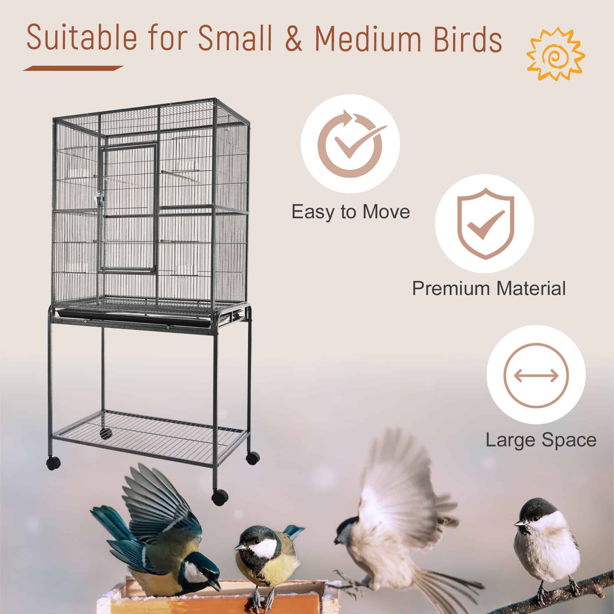 Large Rolling Metal Bird Cage Bird House with Detachable Rolling Stand, Storage Shelf, Wood Perch Food Container - Black