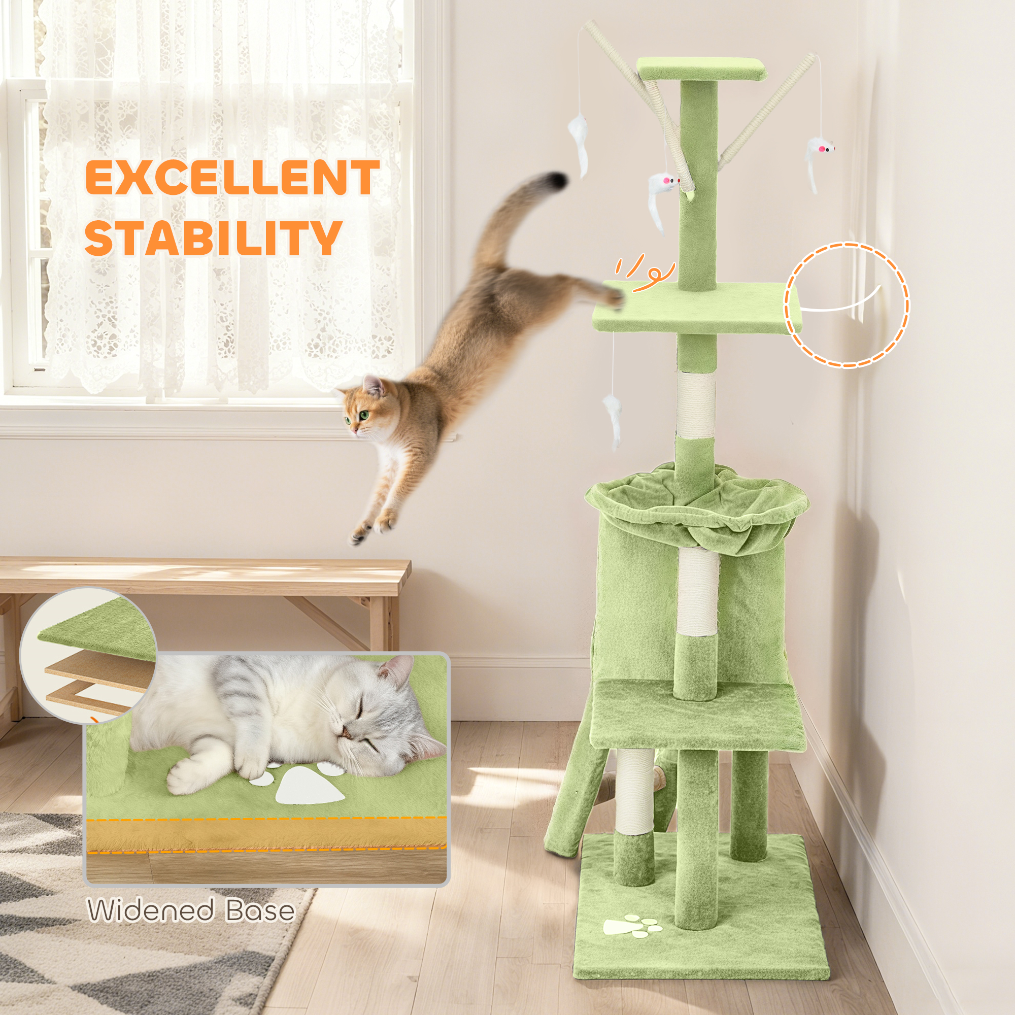 53" Cat Tree Tower, Kitten Activity Centre with Scratching Posts, Condo, Perches, Ladder, Hammock, Dangling Toys, Green - Image 6