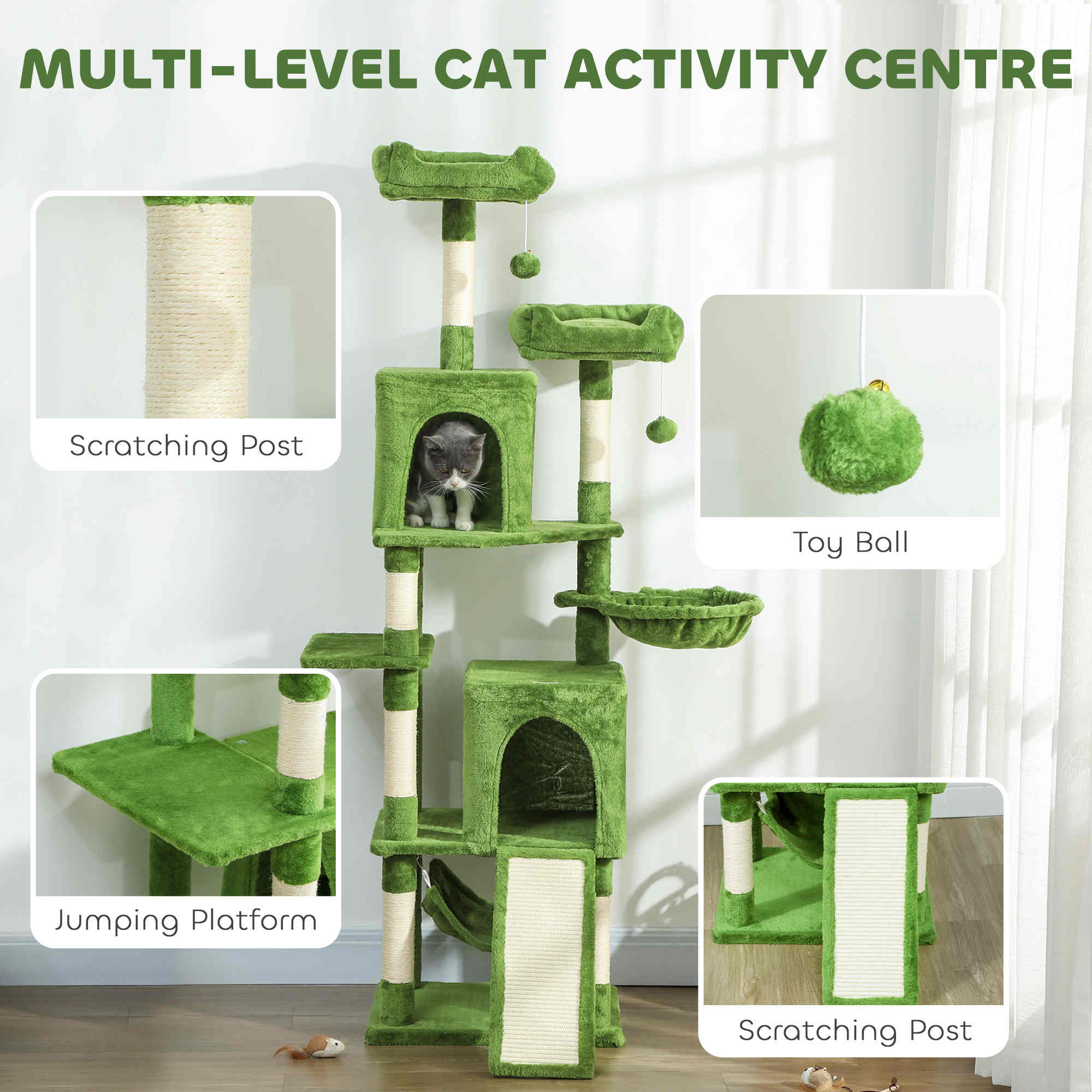 Cat Tree, 70" Multi-Level Cat Tower with 2 Condos, 2 Perches, Hammock, Toy Balls, Scratching Posts and Board, Green