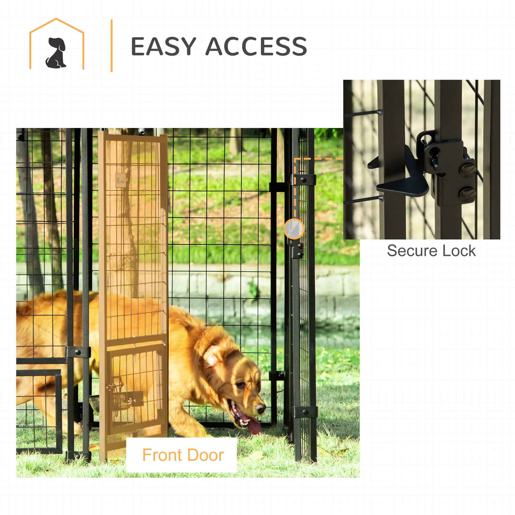 Outdoor Dog Kennel, Lockable Pet Playpen Crate, Welded Wire Steel Fence, Rotating Bowl Holders, Red
