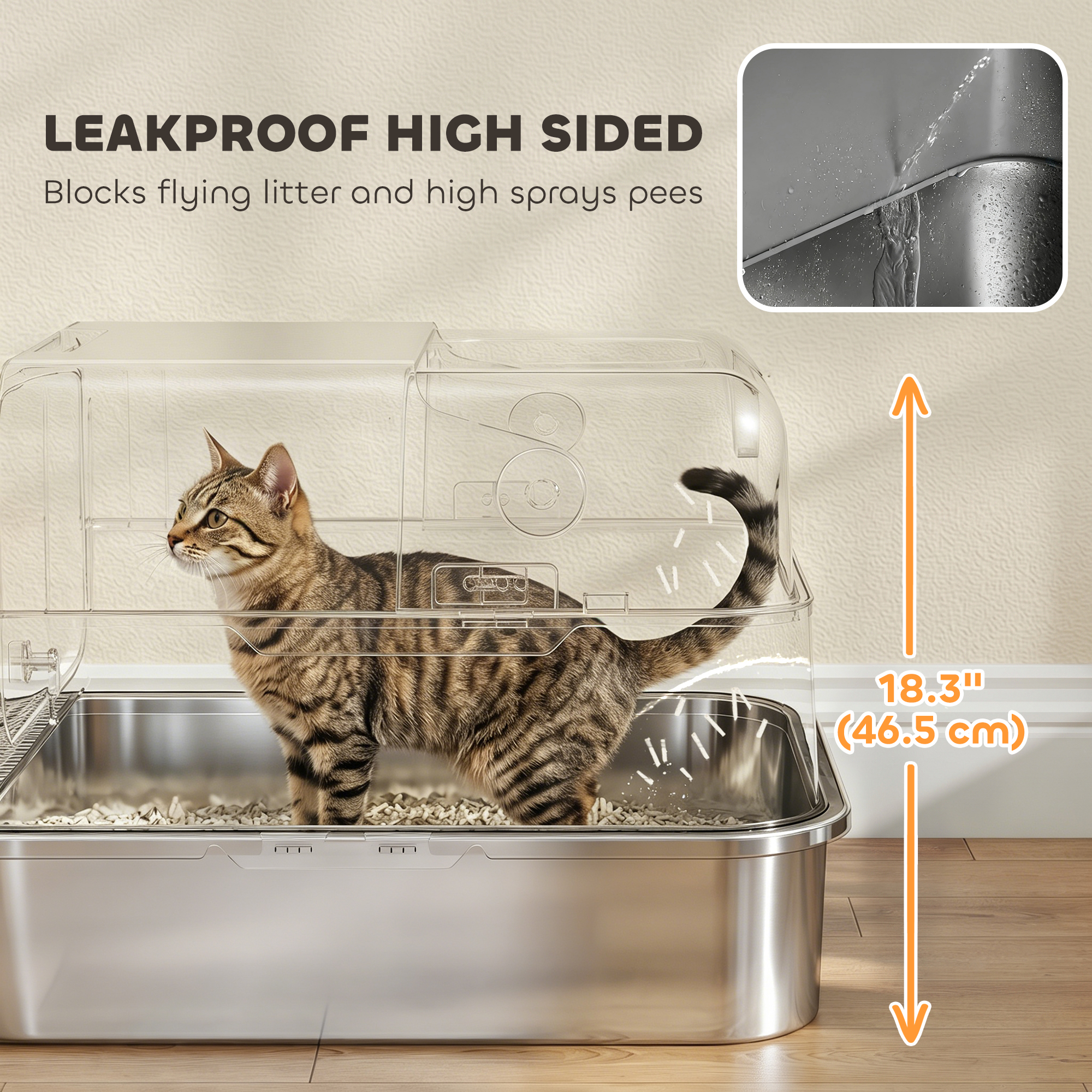 XXL Stainless Steel Cat Litter Tray, Enclosed Cat Litter Box for Big Cats with High Sides, Scoop, Easy Clean, Black