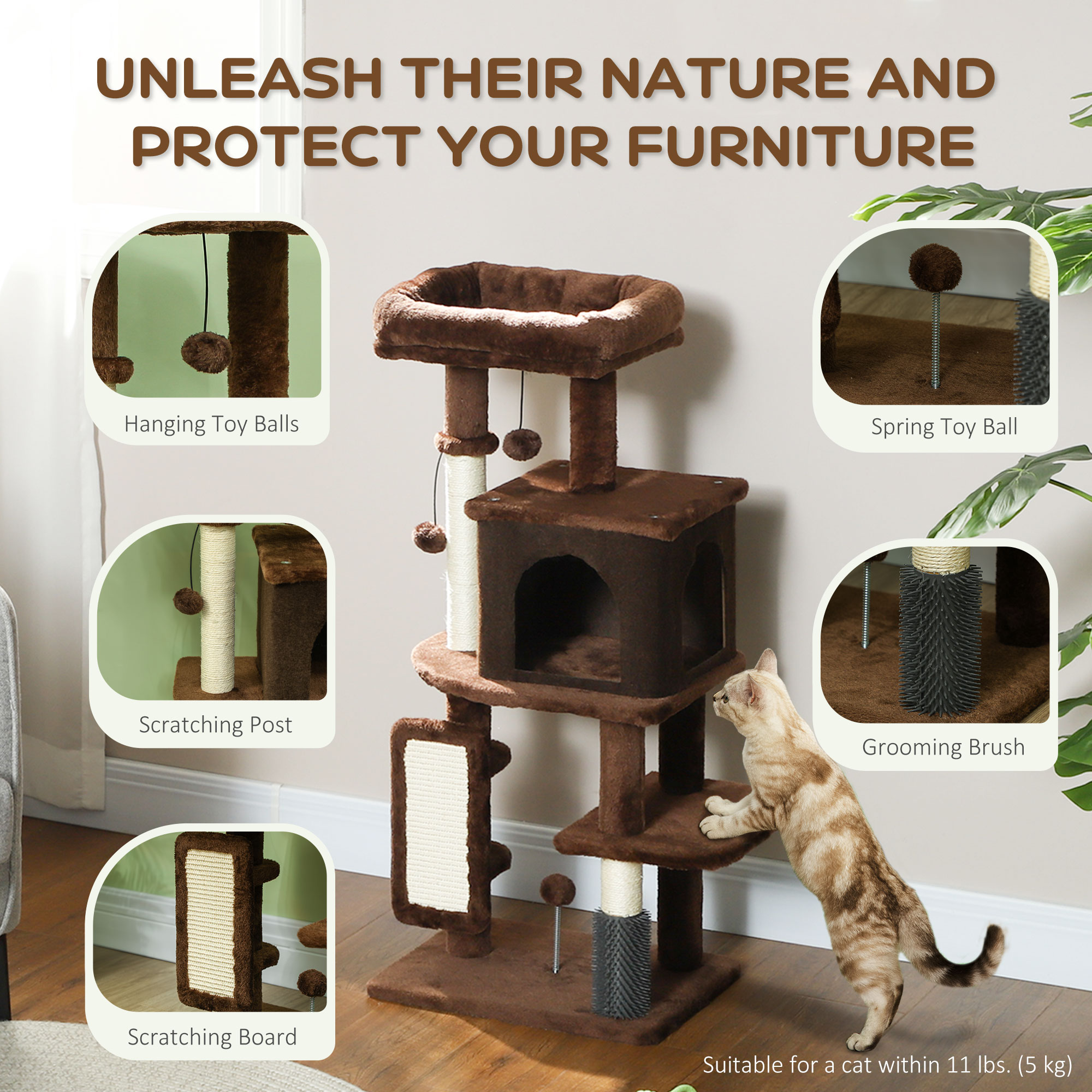 41 Inch Cat Tree with Scratching Posts, Cat Bed, Condo, Grooming Brush, Jumping Platforms, Toy Balls, Anti-tip Kit