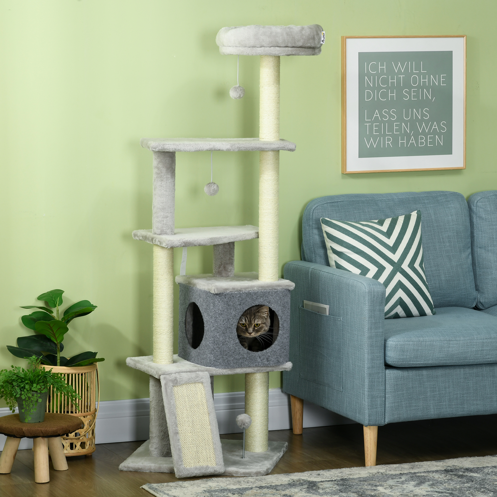 57.5" Cat Tree with Scratching Posts, Large Cat Tower for Indoor Cats with Bed, House, Toys, Grey