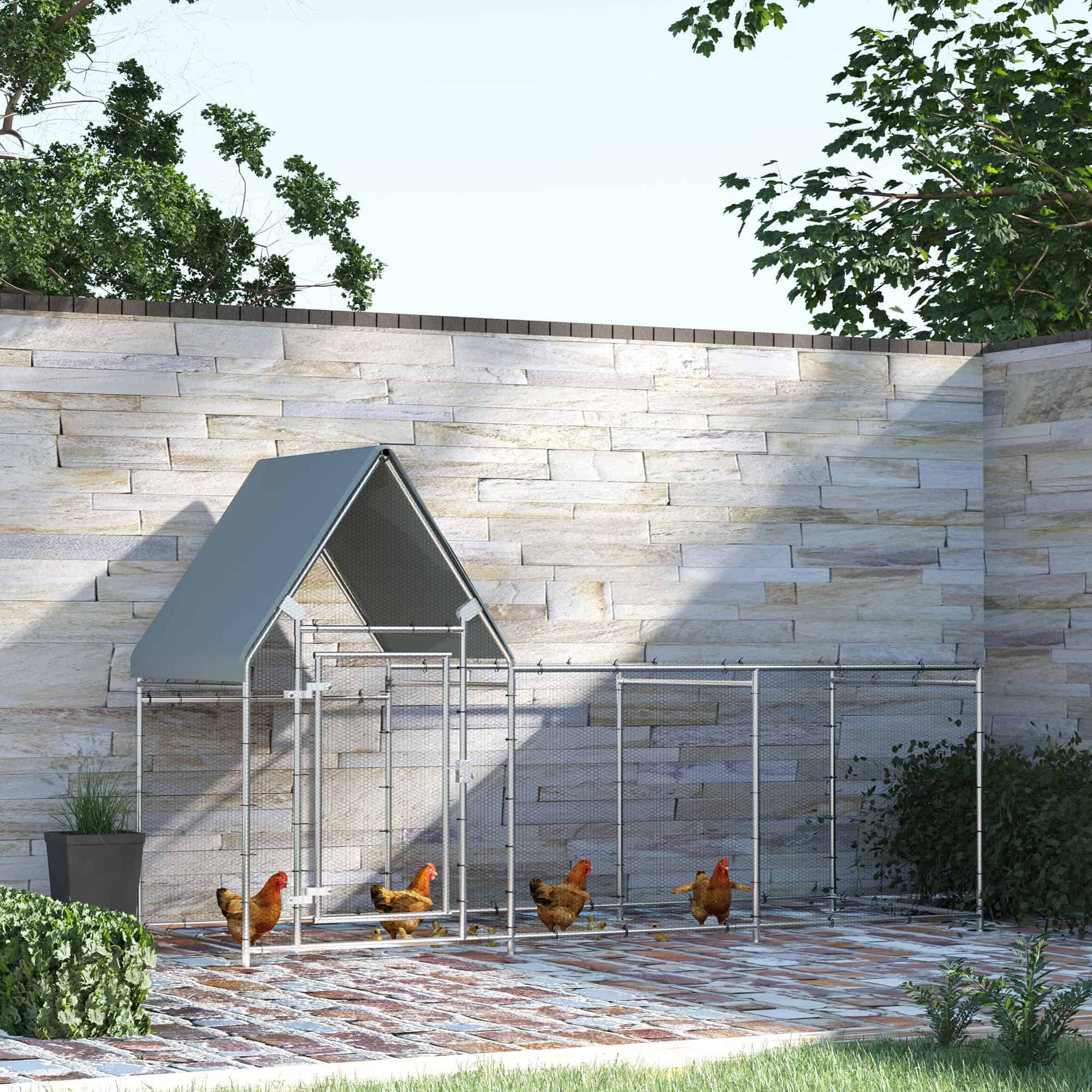Walk In Chicken Run, Large Galvanized Chicken Coop, Hen Poultry House Cage, Rabbit Hutch Metal Enclosure w/ Water-Resist Cover for Outdoor Backyard Farm, 9.9' x 3.5' x 5.6'