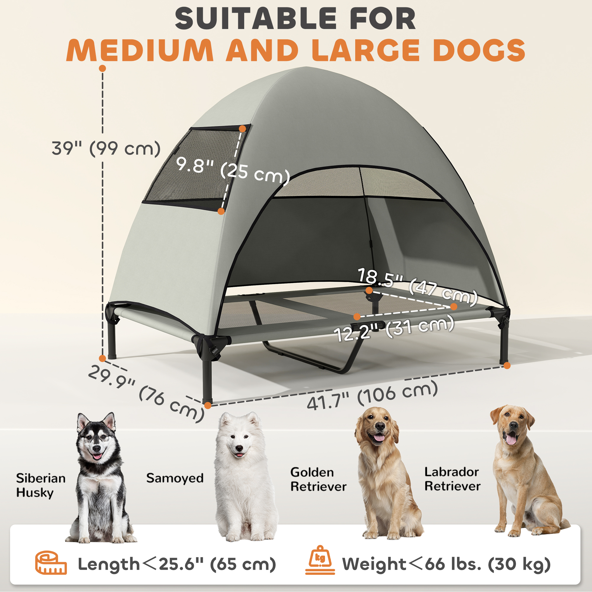 Elevated Dog Bed with Canopy Raised Dog Bed Washable Mesh Steel Frame 41.7" x 29.9" x 39" Light Grey