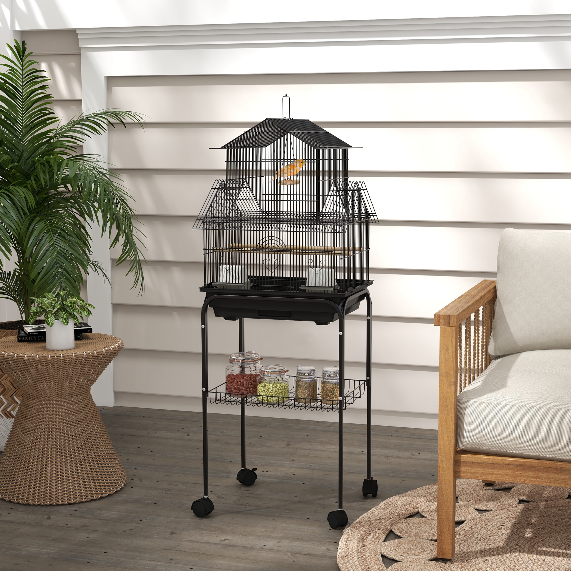 48" Bird Cage with Perch, Swing, Food Container, Slide-out Tray, Handle, Parrot Cage for Finches, Canaries, Budgies