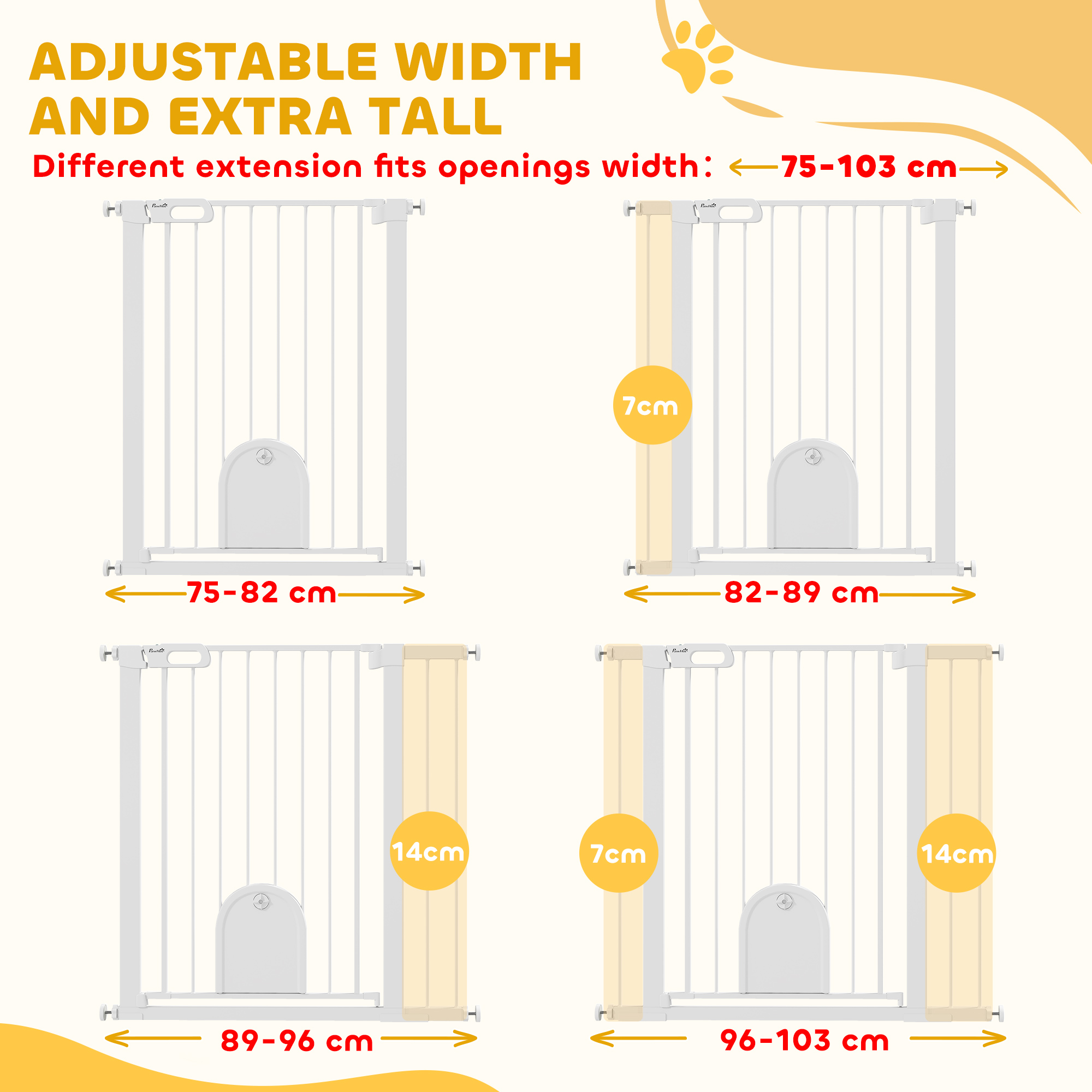 30"-41" Extra Wide Pet Gate Barrier with Small Door, 35"H Dog Gate with Safety Gate Barrier, Stair Pressure Fit, White