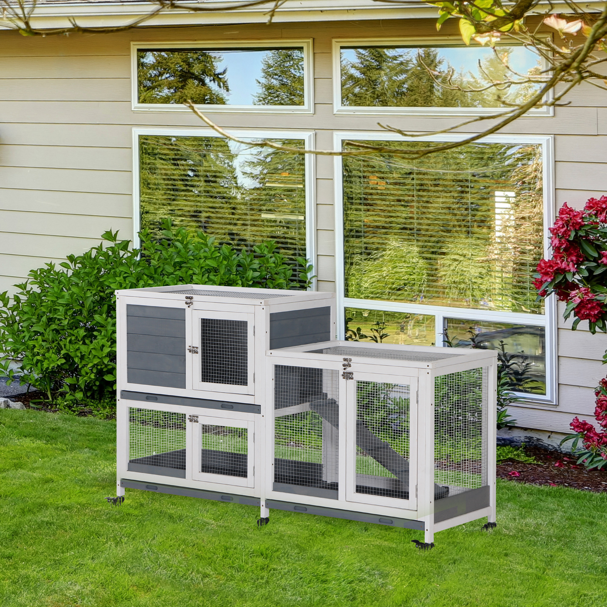Wooden Rabbit Hutch Elevated Pet House Bunny Cage Small Animal Habitat with Slide-out Tray Lockable Door Openable Top for Indoor 58" x 18" x 35" Grey
