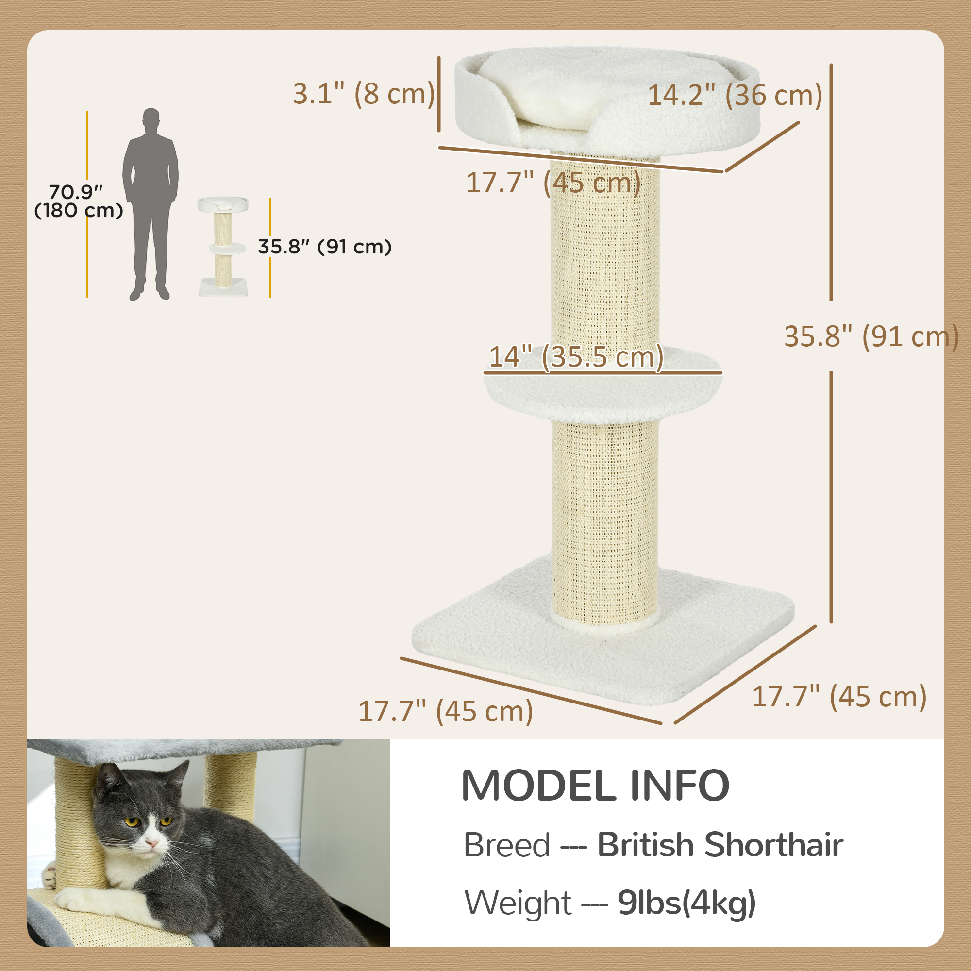 Cat Tree Kitty Tower with Sisal Mat Scratching Post, Cat Bed, Cushion, Perch, 18" x 18" x 36", Cream White