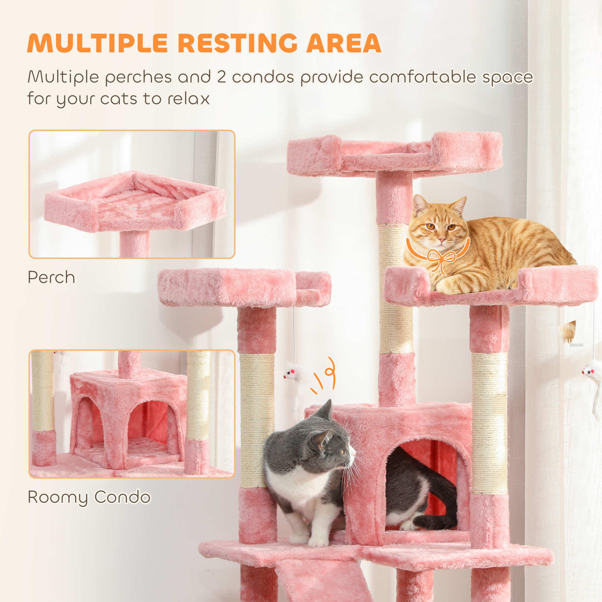 68-inch Multi-Level Cat Scratching Tree Kitty Activity Center Post Tower Condo Pet Furniture w/ Toy Pink