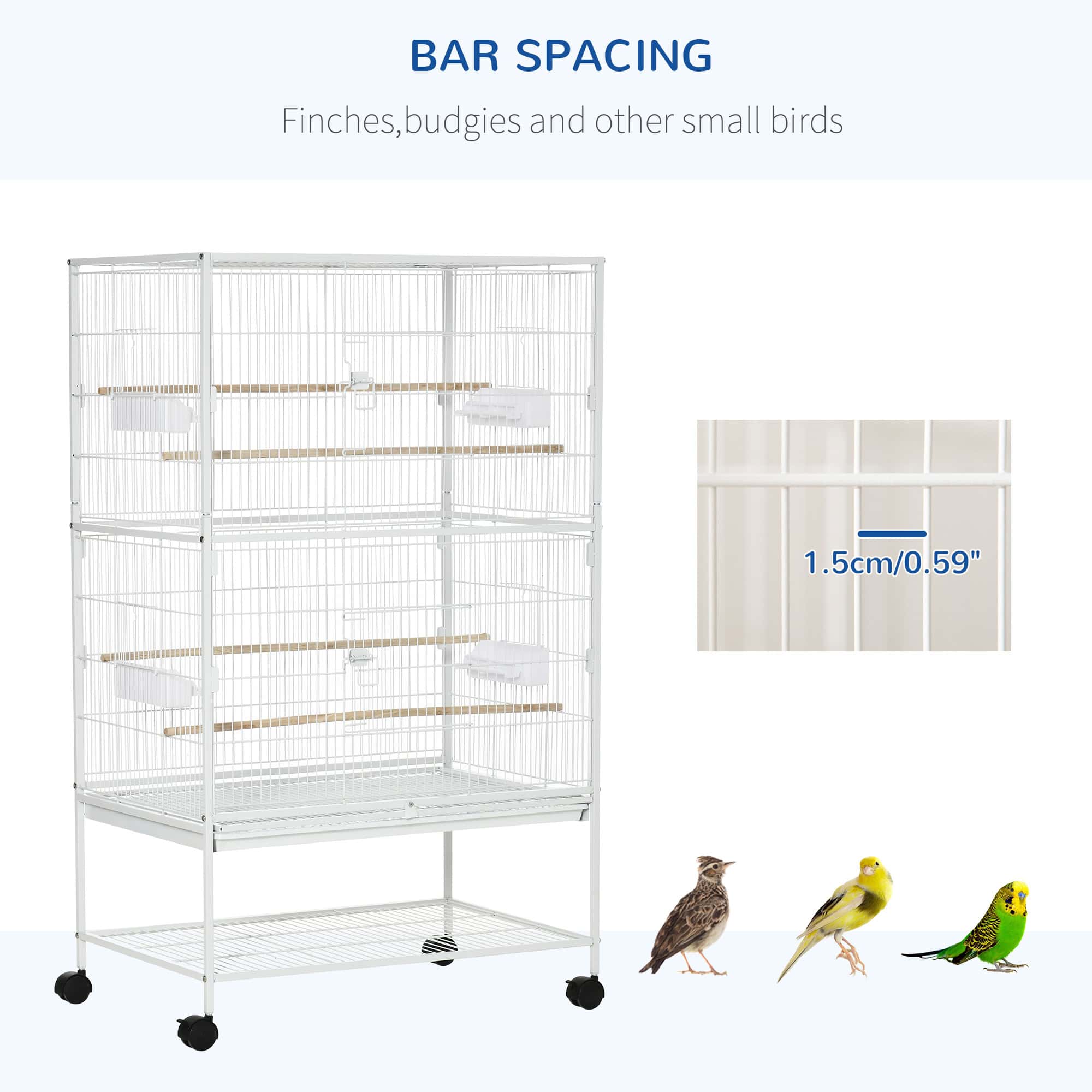52'' Large Rolling Steel Bird Cage Bird House with Rolling Stand, Storage Shelf, Wood Perch, Food Container, White