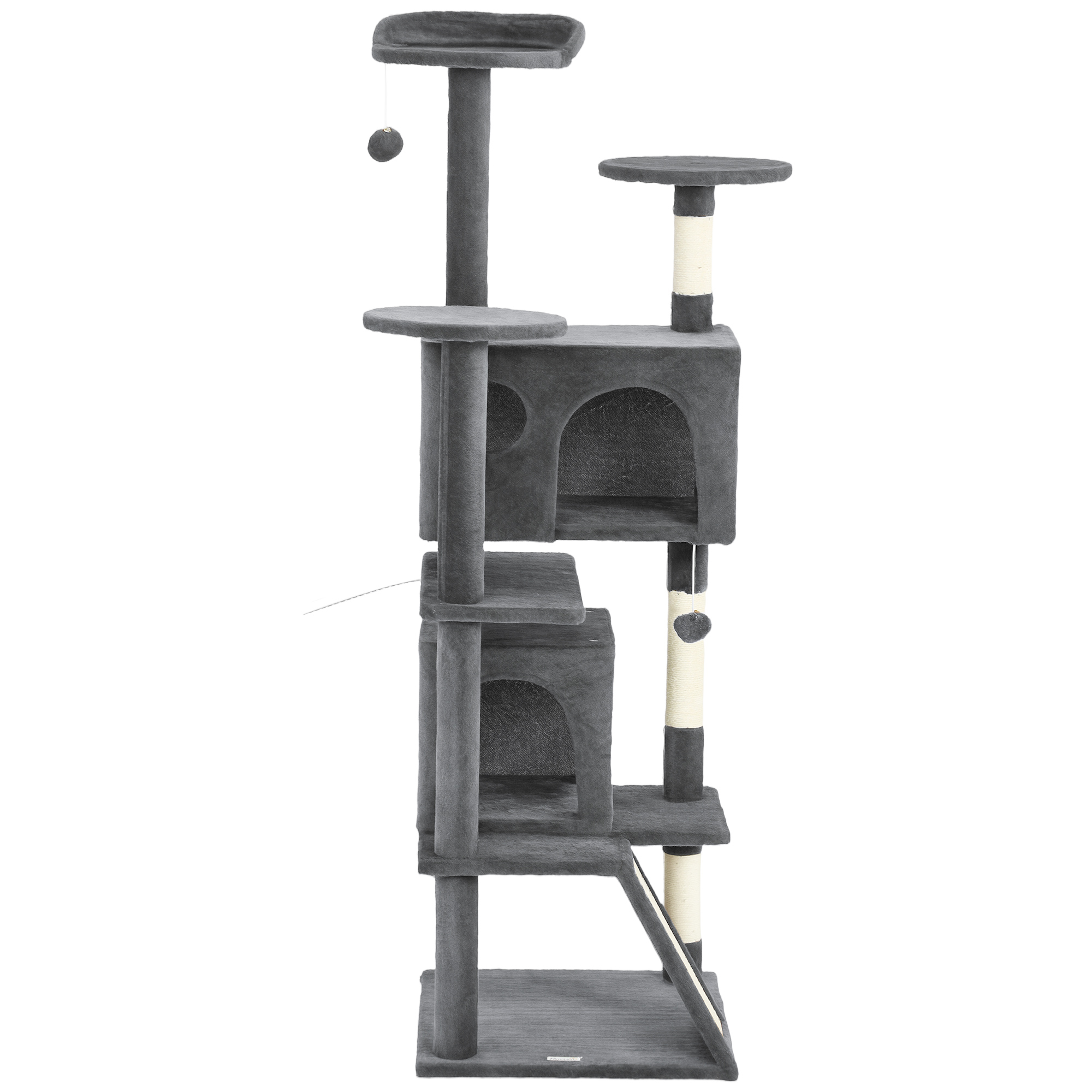 63" Cat Tree, Multi-Level Cat Tower with Scratching Posts, Cat Condos, Bed, Platforms, Ramp, Toy Ball, Dark Grey