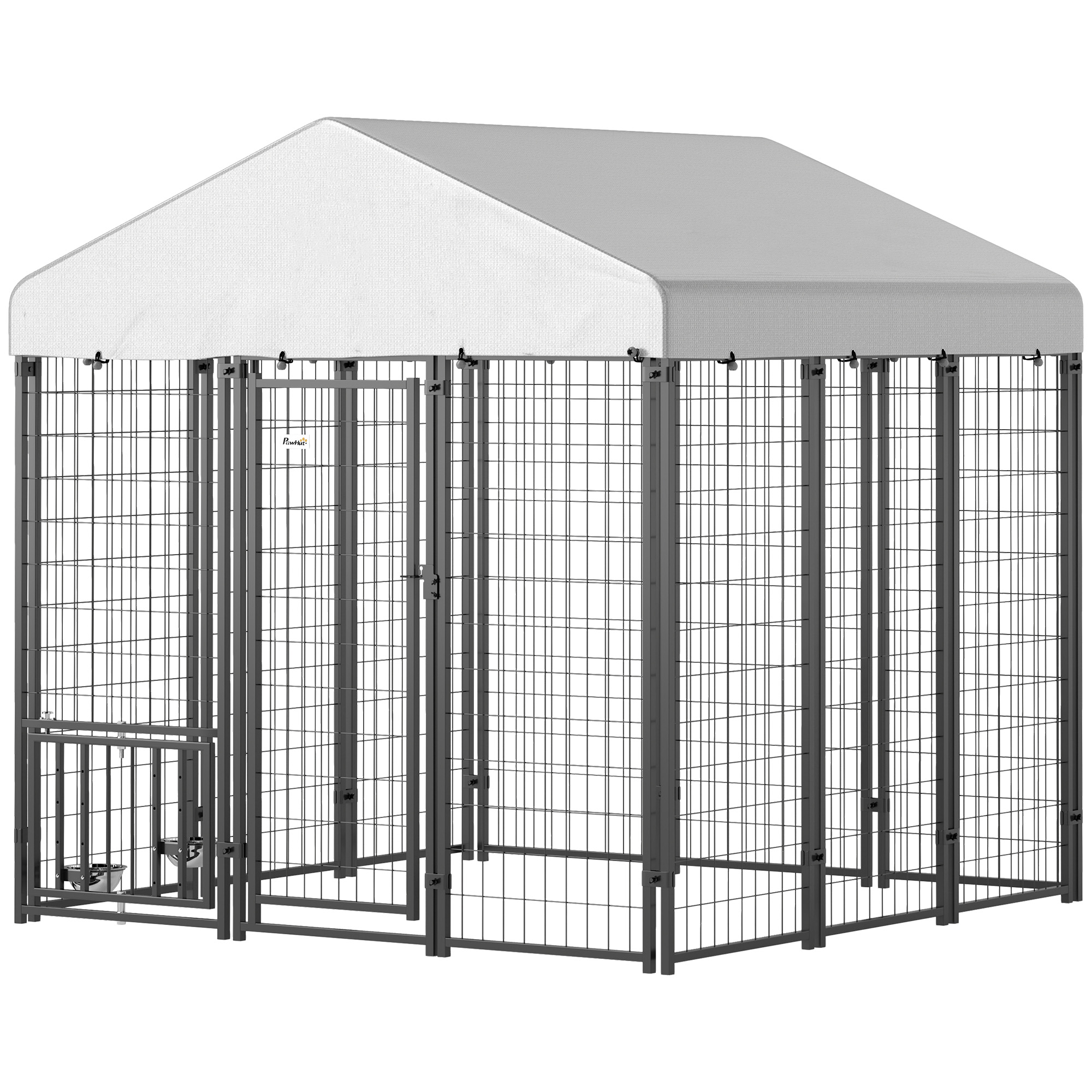 Outdoor Dog Kennel with Waterproof UV-Resistant Cover, Rotating & 4-Level Adjustable Feeding Bowls, 6 x 6 x 6 ft