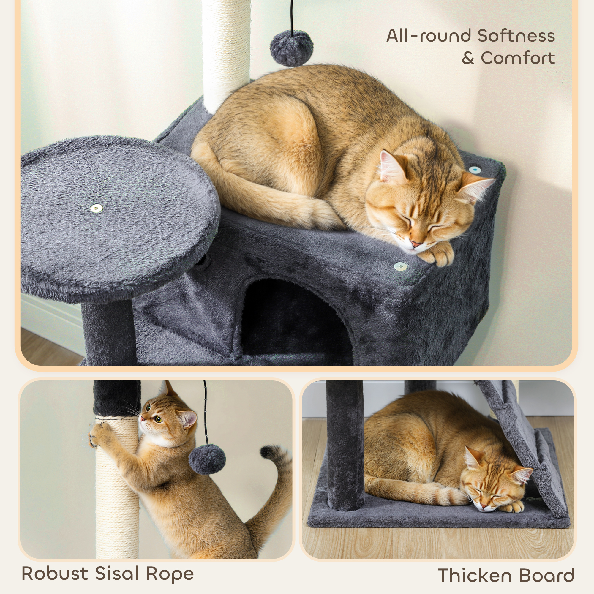 63 Inch Cat Tree with Sisal Scratching Posts, Condos, Plush Perches, Hammock, Ladder, Dangling Balls, Dark Grey
