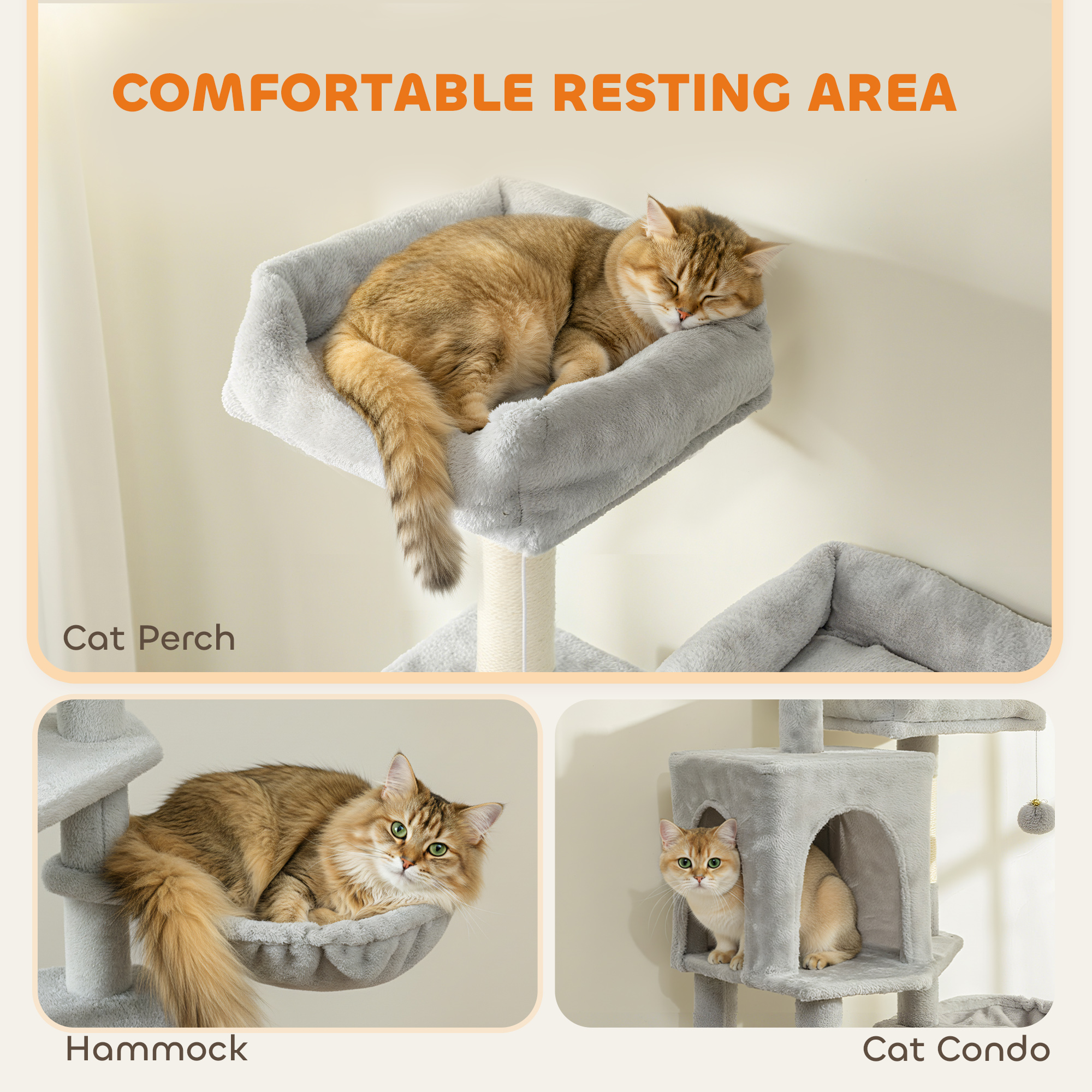 Cat Tree, 70" Multi-Level Cat Tower with 2 Condos, 2 Beds, Hammock, Toy Balls, Scratching Posts and Board, Light Grey