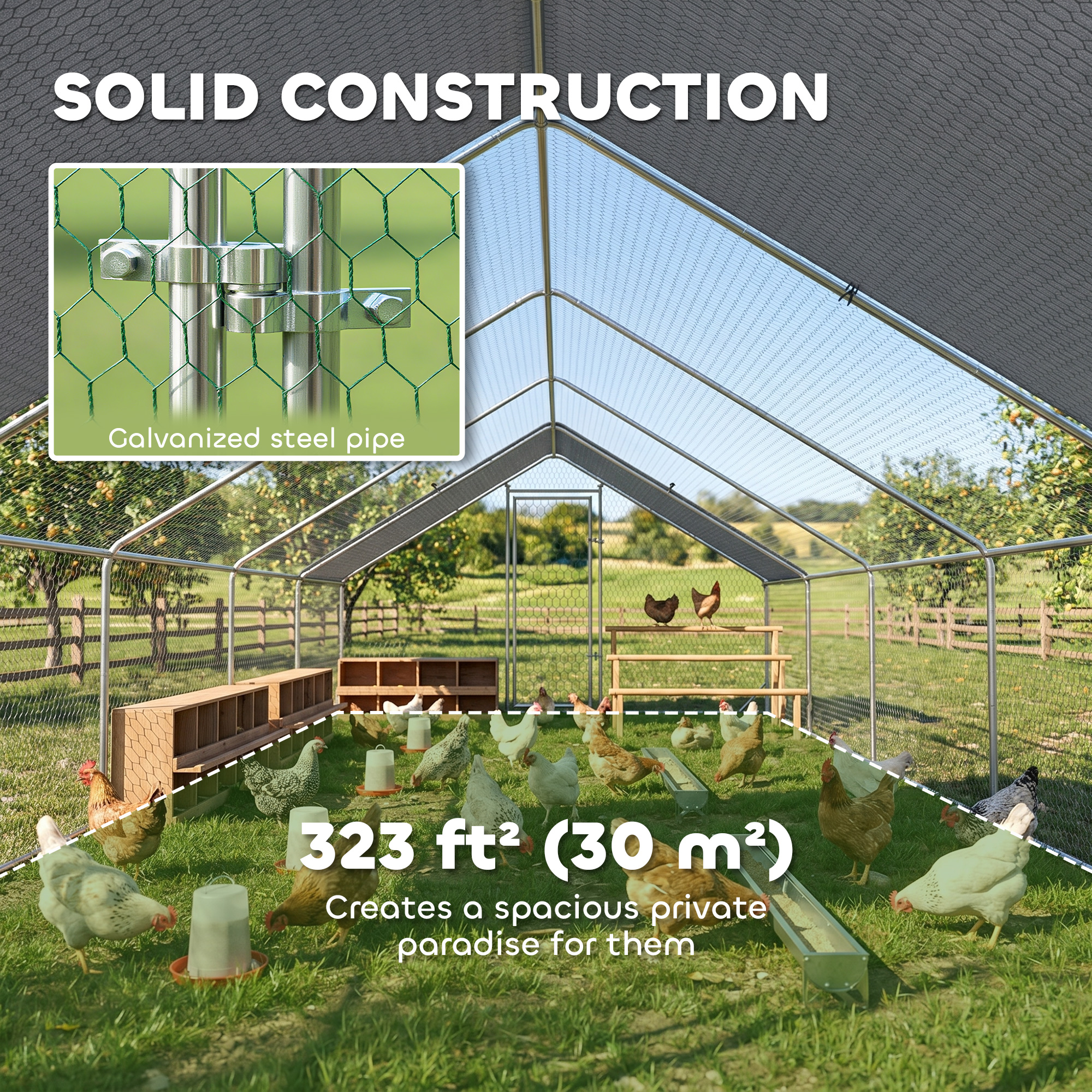 Metal Chicken Coop with Water- and UV-Protection Cover for Backyard Hen, Duck, Rabbit, 32.8' x 9.8' x 6.4'