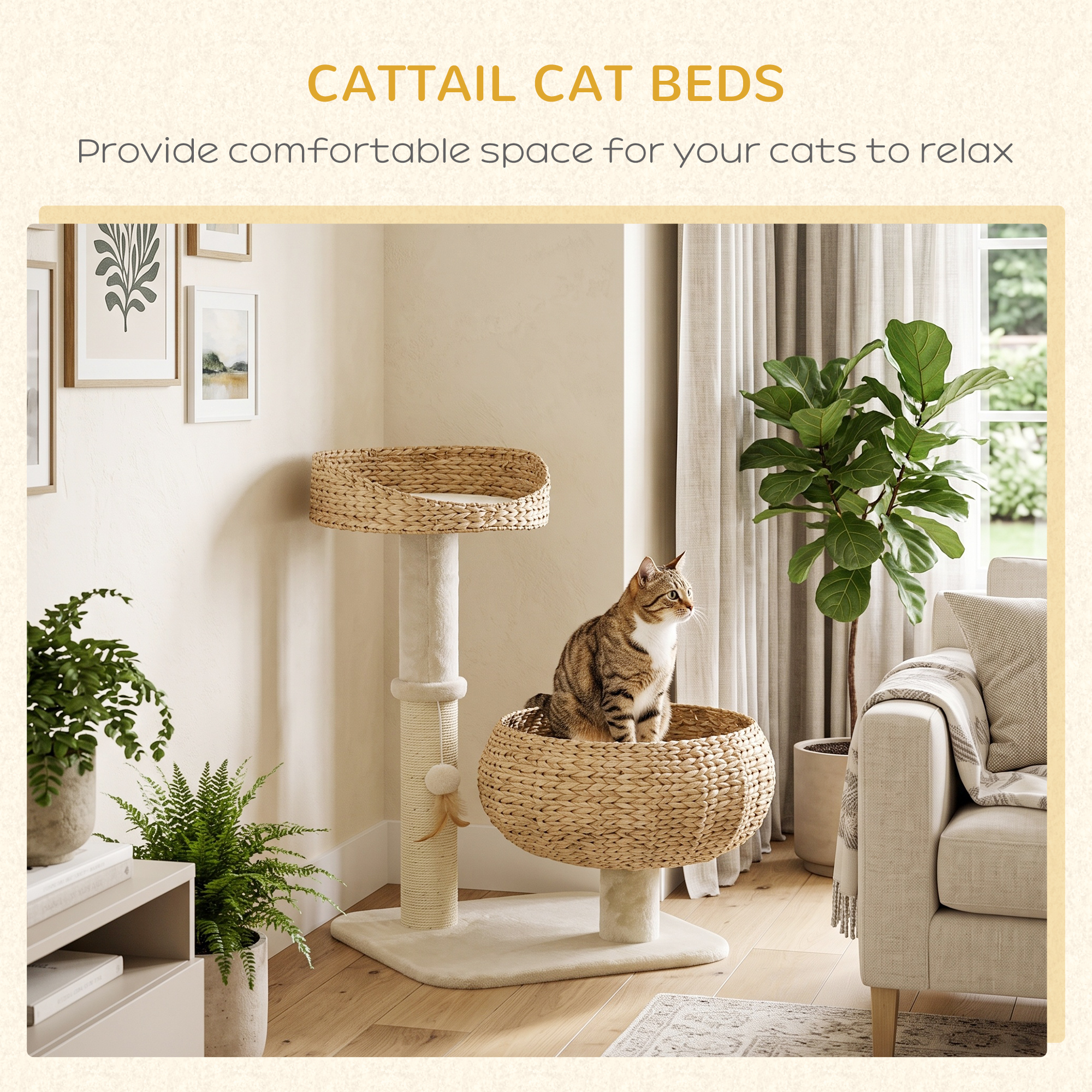 28" Cat Tree with Scratching Post, Cat Tower with Double Beds, Beige