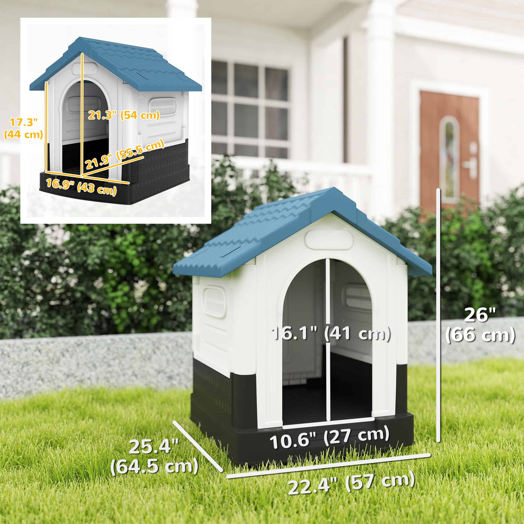 Outside Dog Kennel House with Windows, Base Support, for Garden Patio, Miniature Dogs, 64.5 x 57 x 66cm, Blue