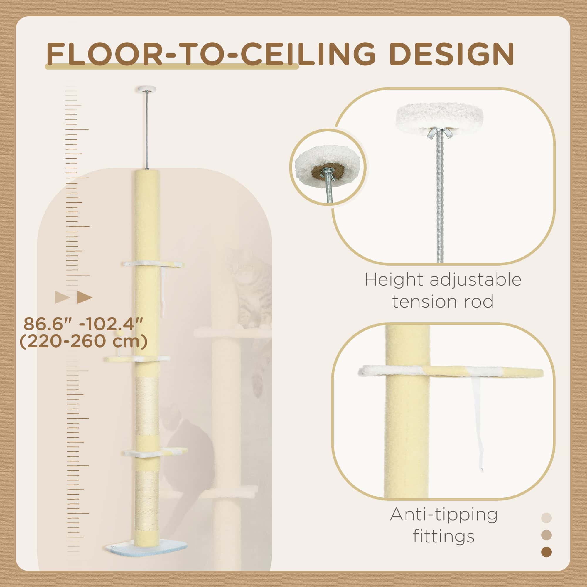 87"-102" Floor to Ceiling Cat Tree w/ Sisal Scratching Posts, Anti-tip Kit, Perches, Toy Ball, Yellow - Image 5