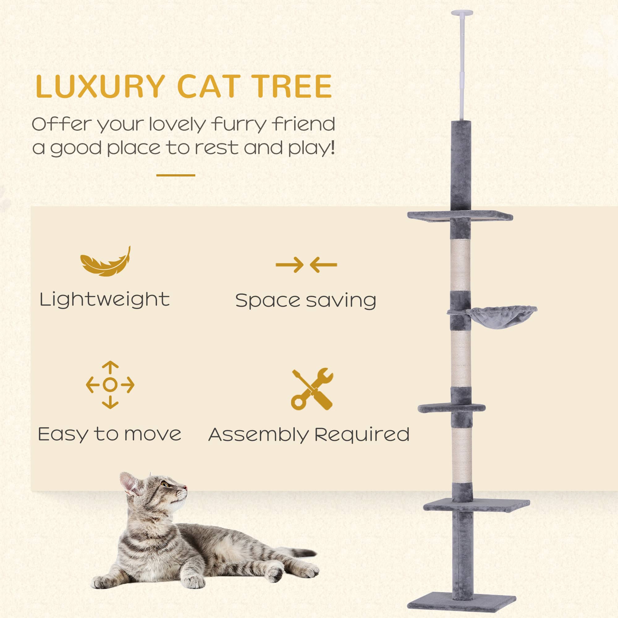 8.5ft Cat Climbing Tree 5-Tier Cat Activity Center Floor-to-Ceiling Cat Climber Toy with Scratching Post Play Rest Post Pet Furniture Grey