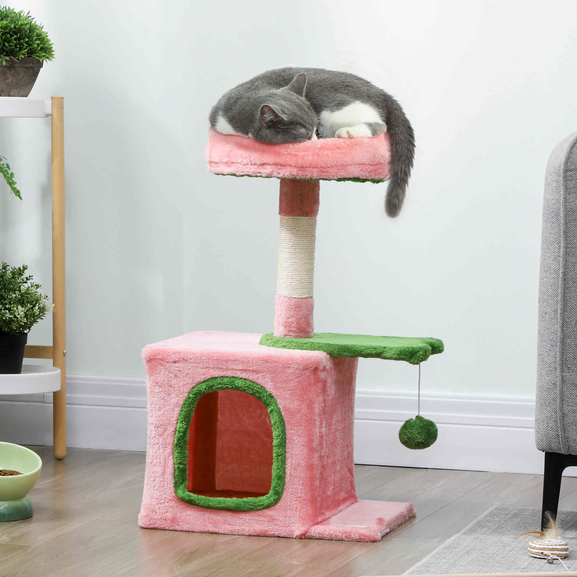 28" Cat Tree Tower with Plush Top Bed, Cozy Condo, Sisal Scratching Post, Perch, Dangling Ball, Pink & Green - Image 8