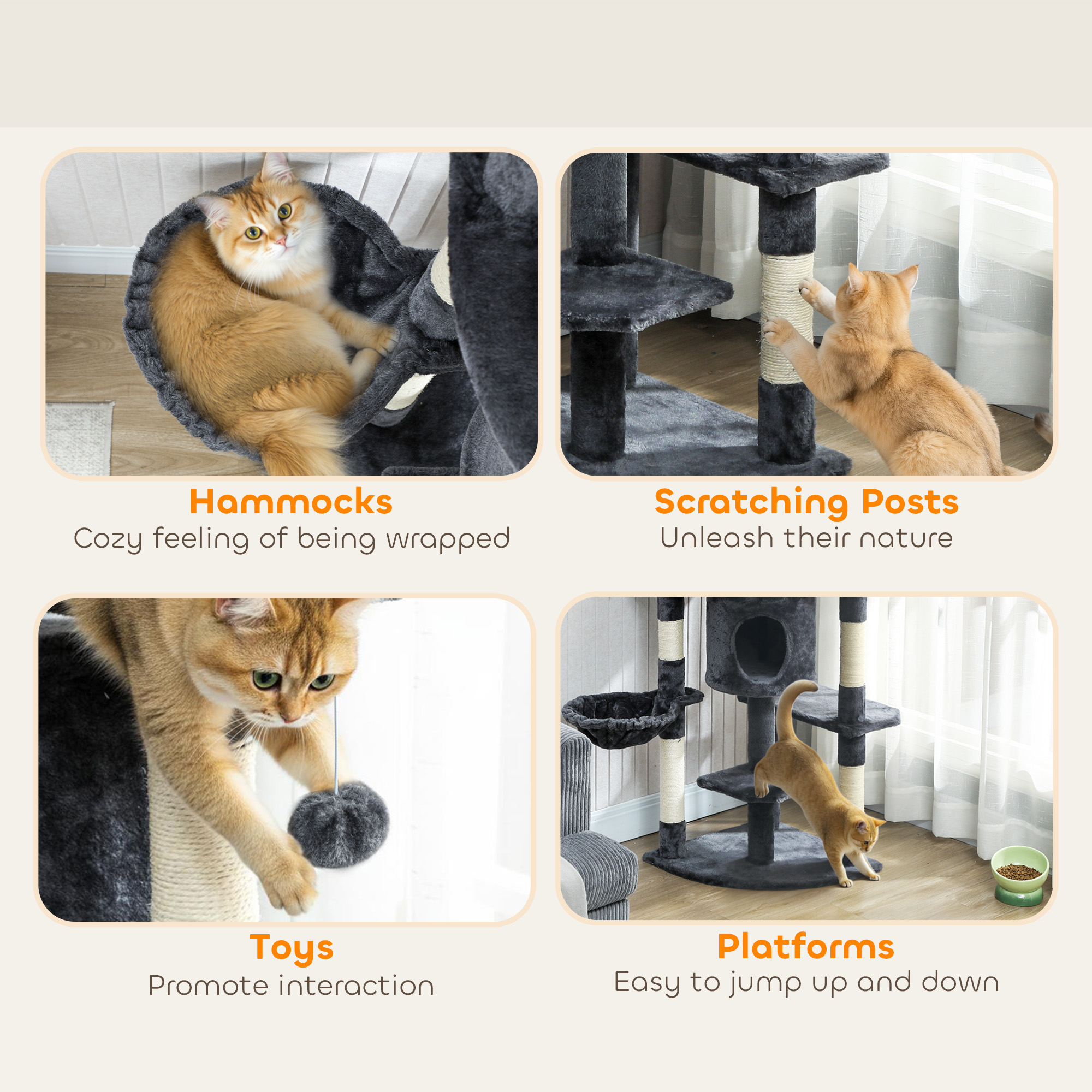62" Cat Tree with Scratching Post, 2 Condos, Hammock, Perches, Plush, Pompoms, for Indoor Cats, Dark Grey - Image 7