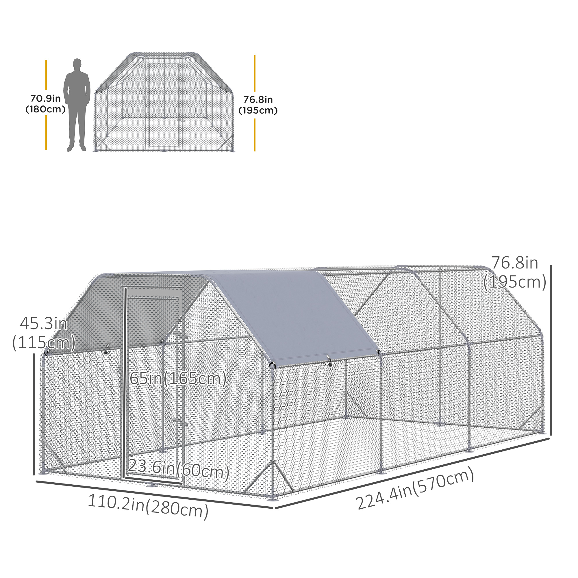 Chicken Run Outdoor, Galvanized Large Metal Chicken Coop Cage, Walk-in Enclosure Poultry Hen Run House Playpen Rabbit Hutch with Flat Roof, Cover, 9.2'x18.7'x6.5', Silver