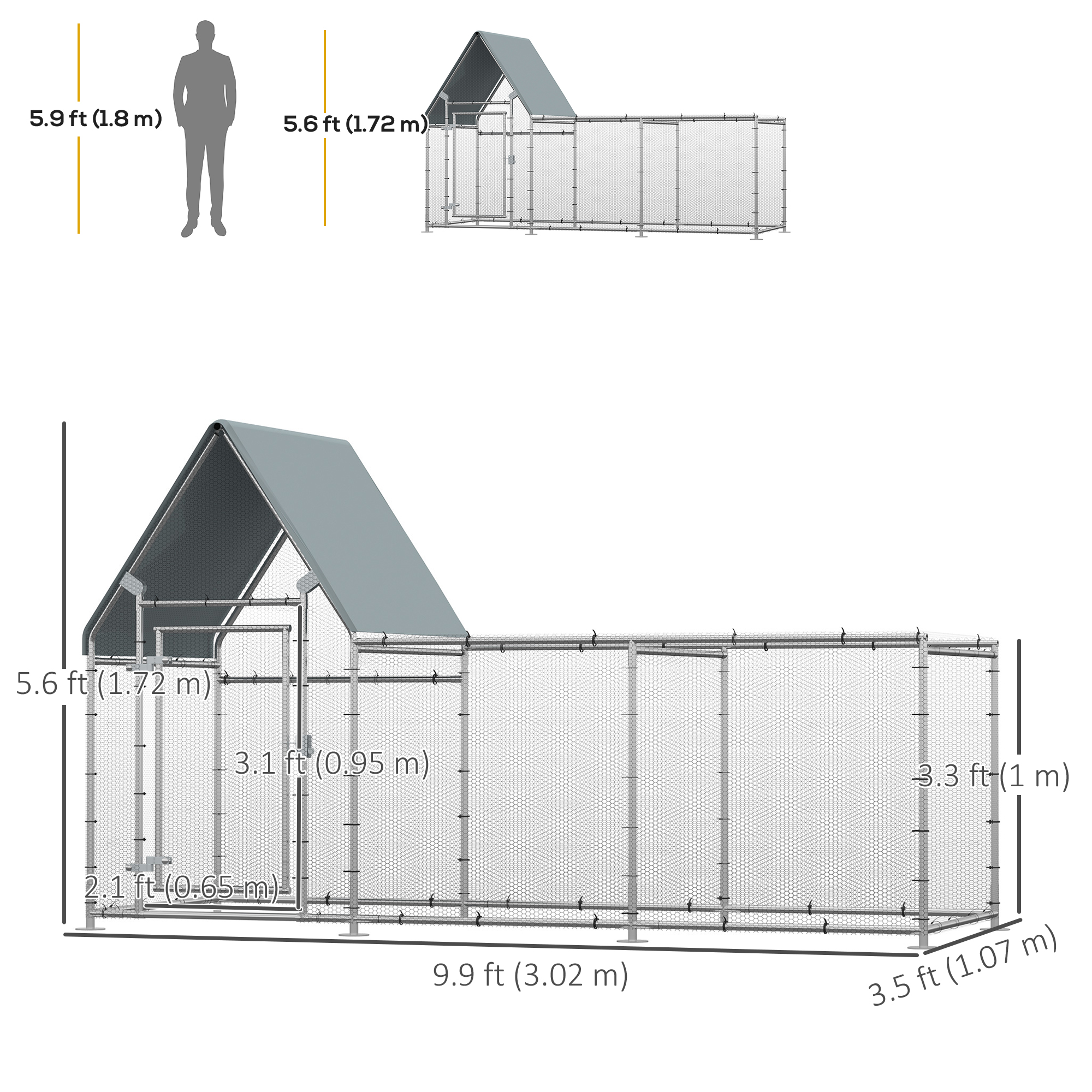 Walk In Chicken Run, Large Galvanized Chicken Coop, Hen Poultry House Cage, Rabbit Hutch Metal Enclosure w/ Water-Resist Cover for Outdoor Backyard Farm, 9.9' x 3.5' x 5.6'