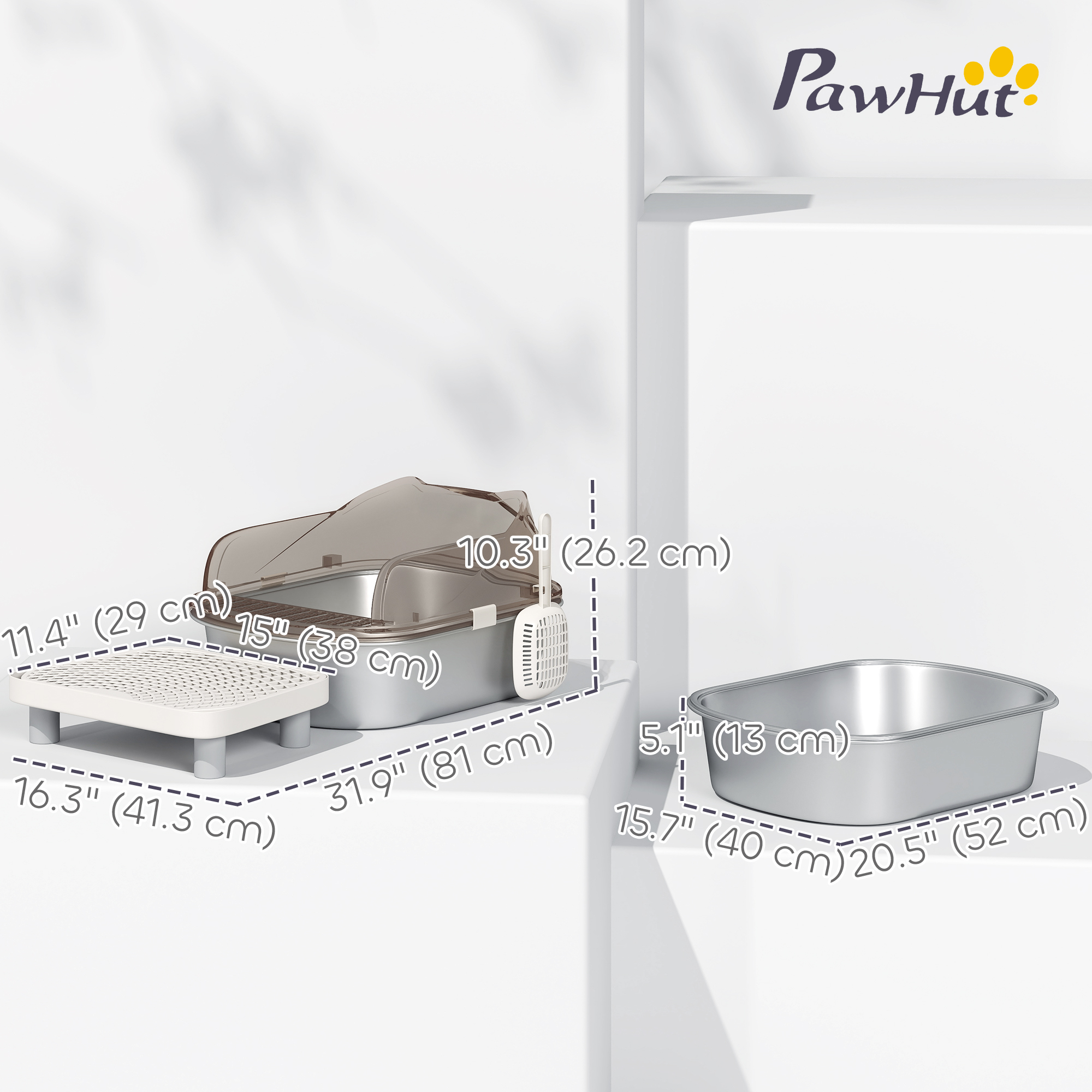 Stainless Steel Cat Litter Box with High Sided Enclosure, Step, Scoop, Non-Sticky & Anti-Urine Leakage, Easy Cleaning