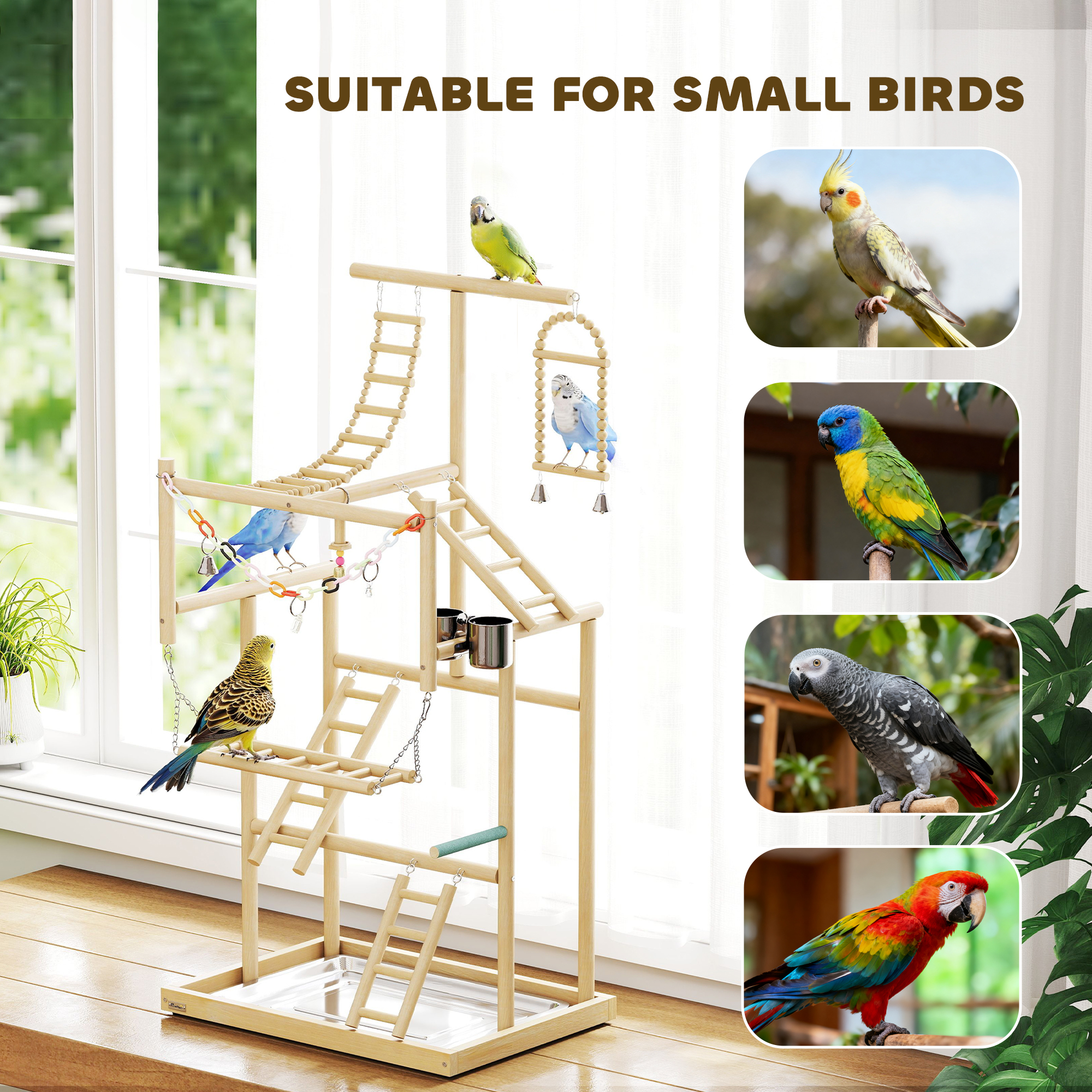 Bird Playground, 4 Layer Wooden Play Stand with Ladders, Chain Toy, Stainless Steel Cups and Tray for Small Birds