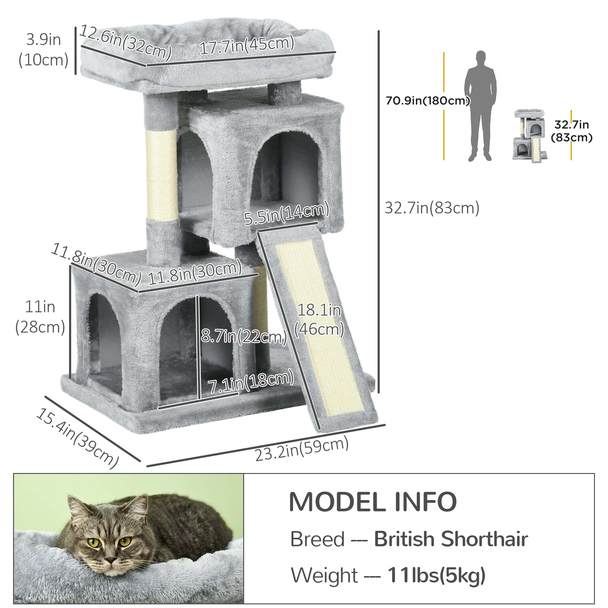 Plush Cat Tree Tower Activity Center with Sisal Scratching Post Scratching Board Perch Condo, Light Grey