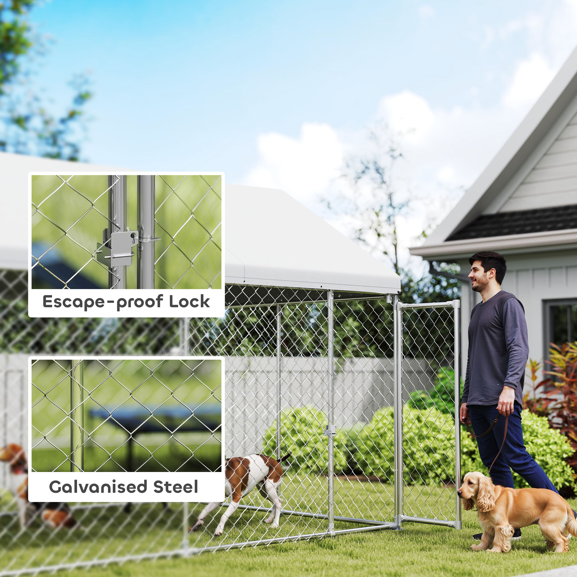 Heavy Duty Outdoor Dog Kennel with Waterproof Roof, Secure Latch, Chain Link Dog Run for Backyard, 19.7' x 7.5' x 7.9'