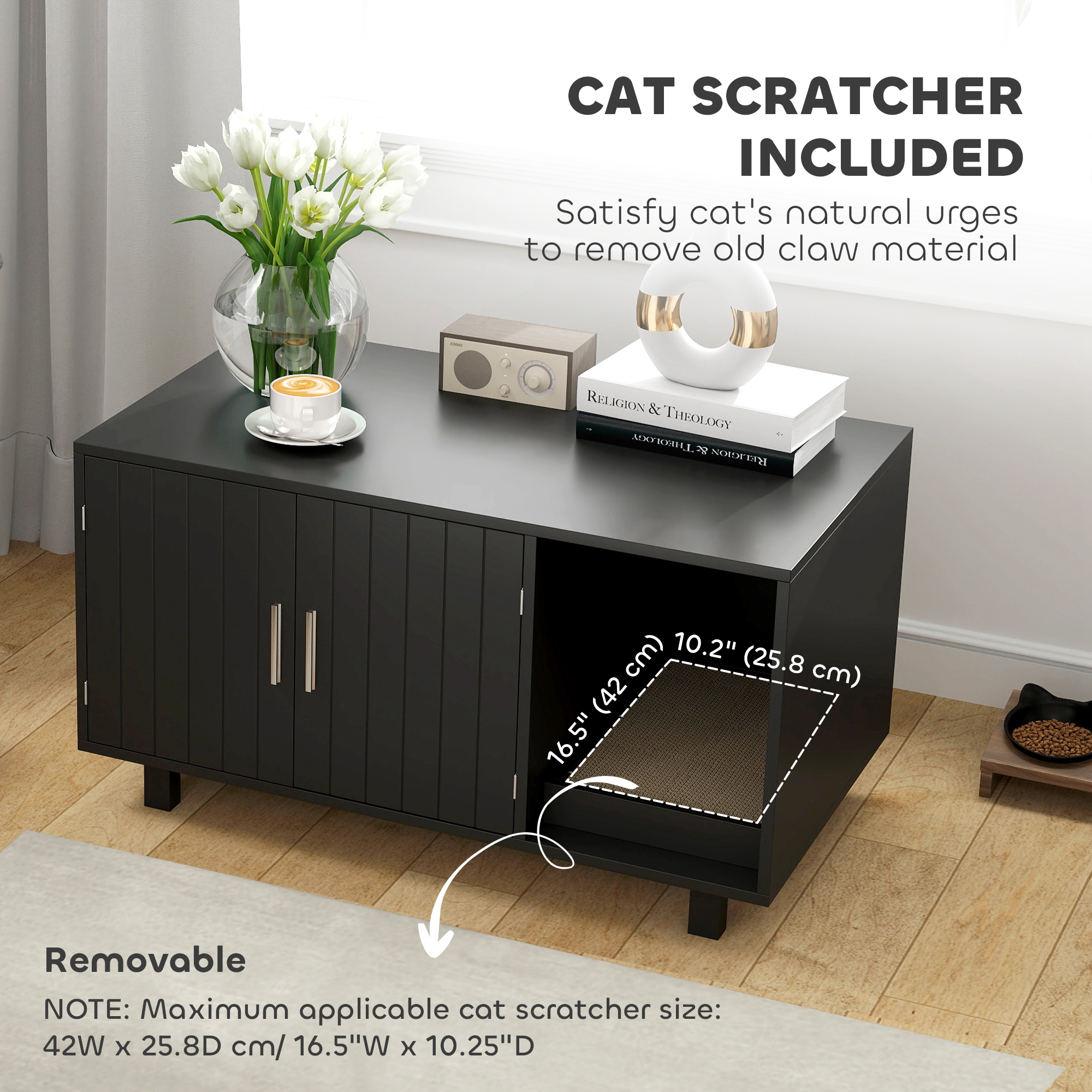 Cat Litter Box Enclosure, Cat House End Table with Scratcher, Black