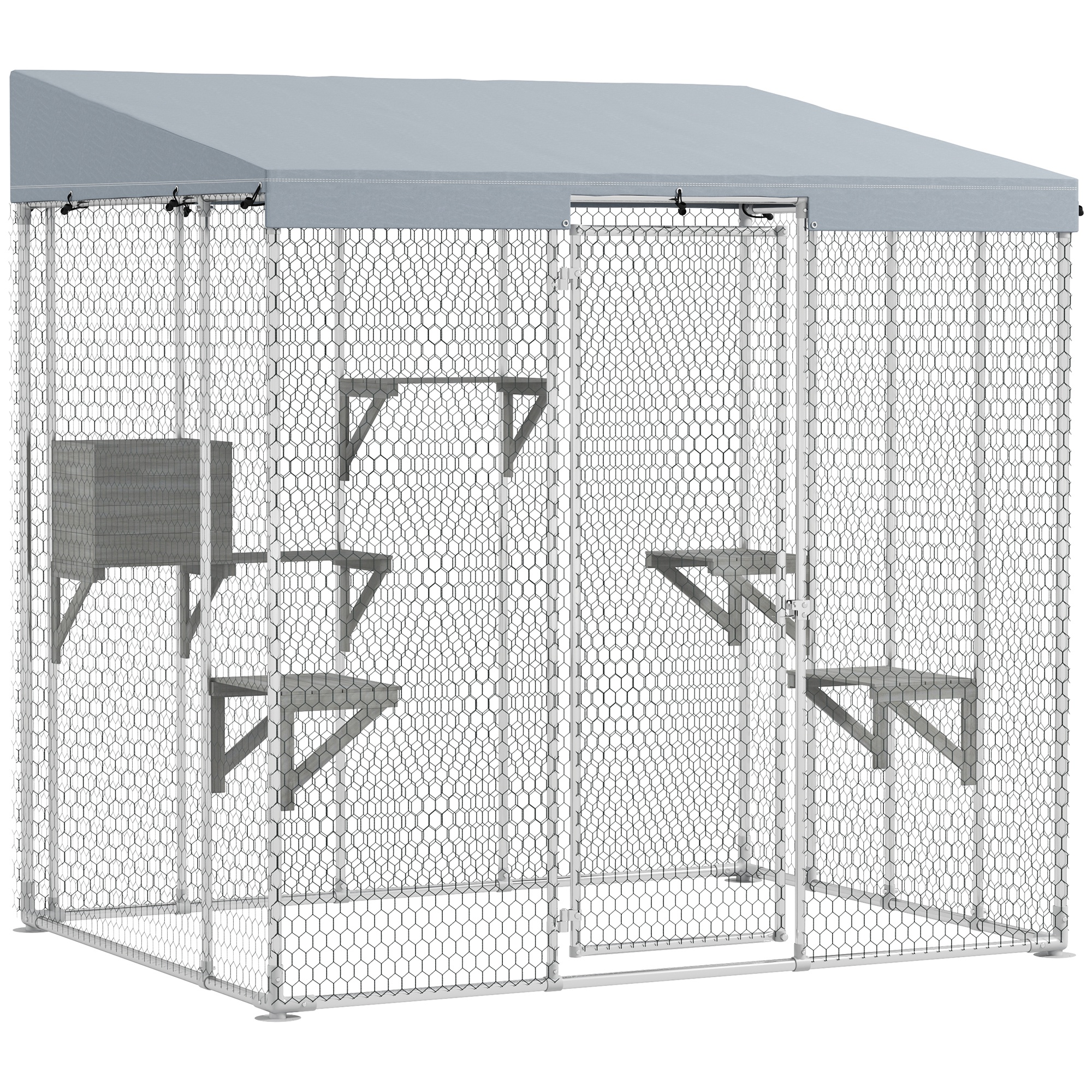 79" L Galvanized Steel Catio Outdoor Cat Enclosure w/ 420D Waterproof Canopy, Multiple Platforms, Resting Condo, Silver