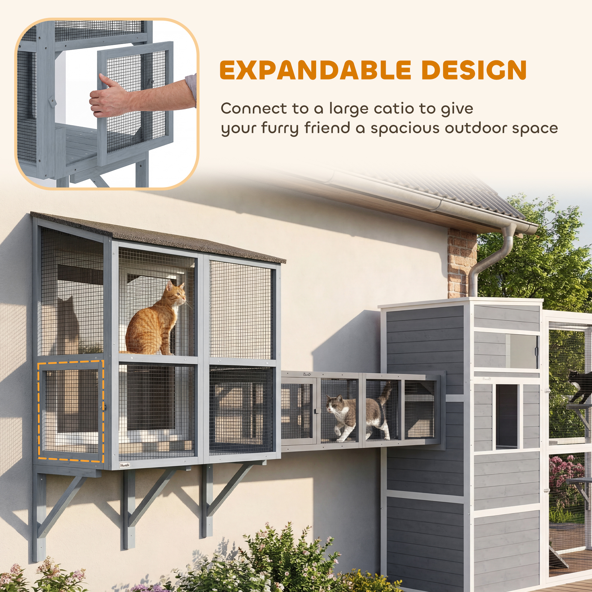 Catio Outdoor Cat Enclosure Wall-Mounted 2-Level Outdoor Cat House with Waterproof Roof 39.4" Grey