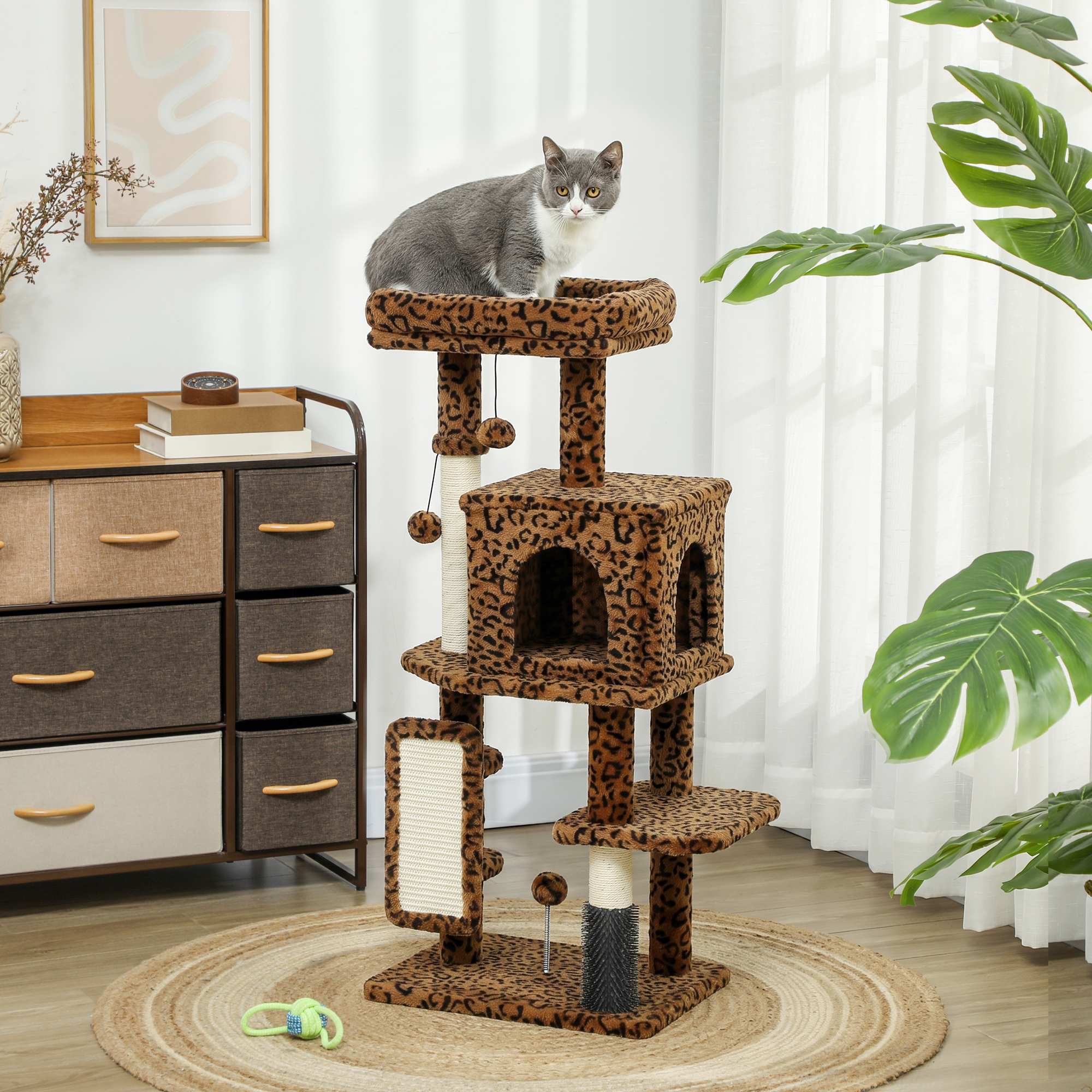 41 Inch Cat Tree with Scratching Posts, Cat Bed, Condo, Jumping Platforms, Toy Balls, Leopard Print