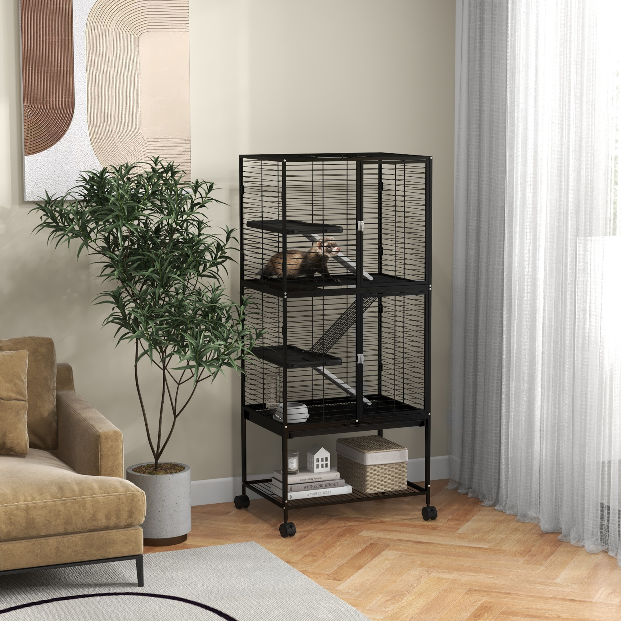 Rolling Small Animal Cage 53.5"H Chinchilla Cage for Ferrets, Squirrels w/ Removable Tray, Storage Shelf, Black - Image 8