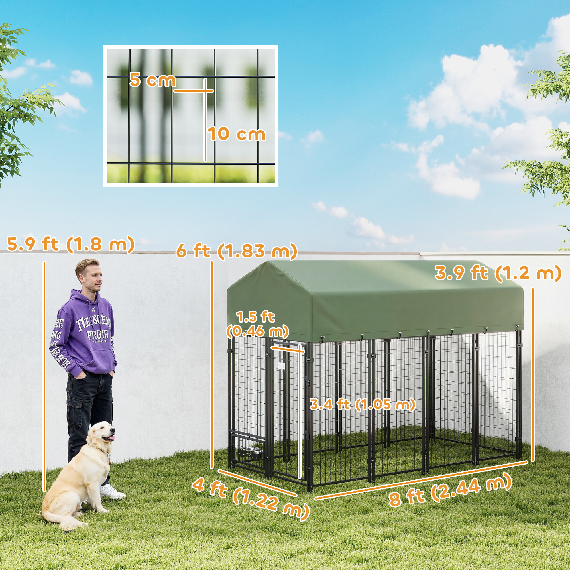 8' x 4' x 6' Outdoor Dog Kennel, Dog Kennel Outside Run with 360° Rotating Bowls, Waterproof & UV Resistant Cover Green
