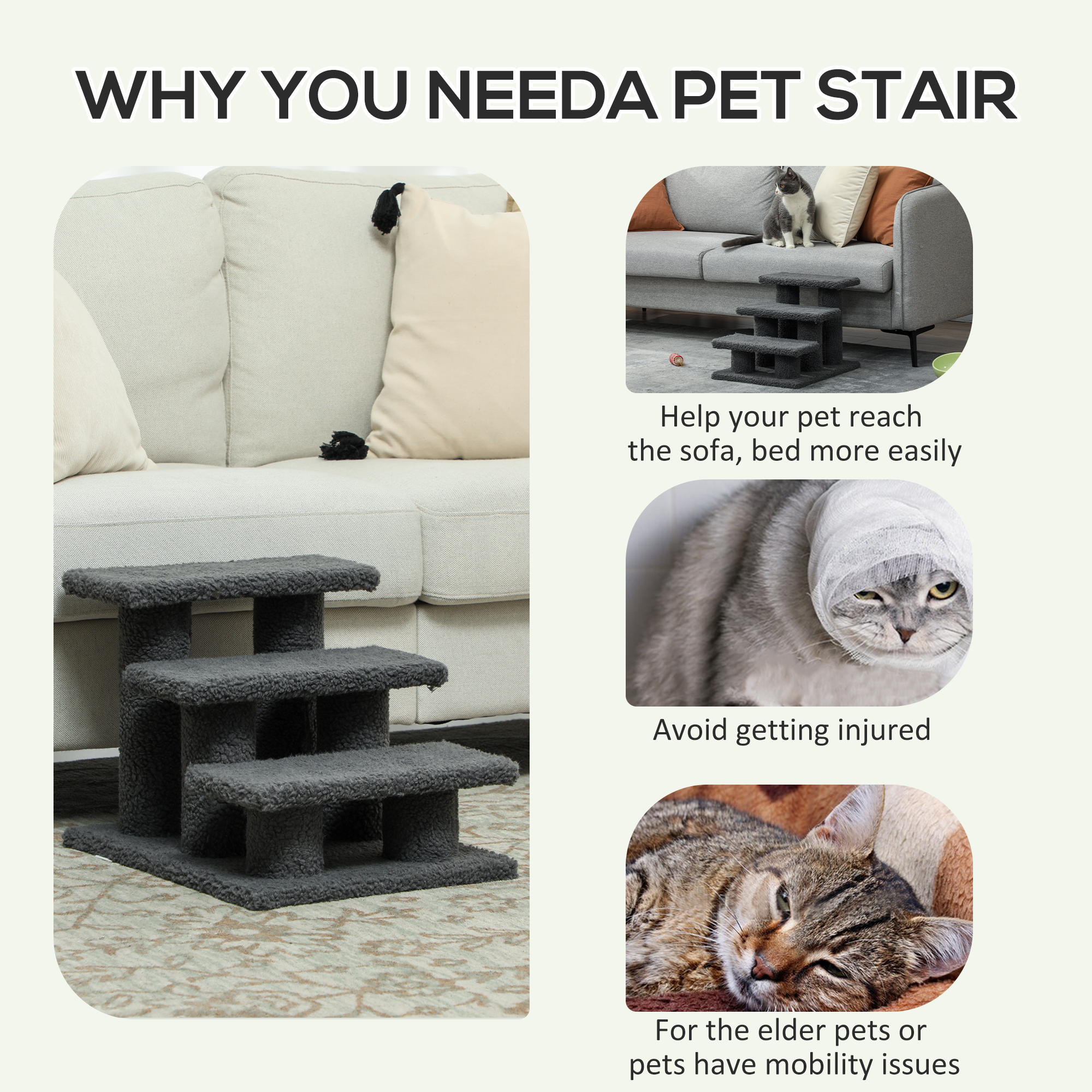 3 Tier Pet Stairs Dog Cat Step Scratch Post Furniture, Dark Grey