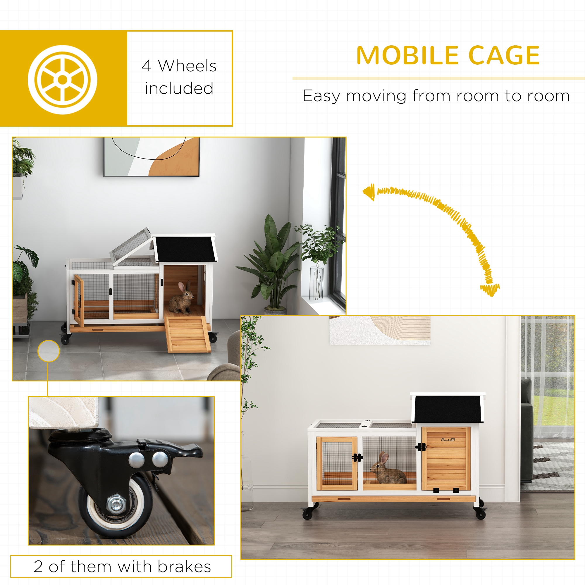 Rabbit Cage with Wheels, Ramp, Run, Tray for Indoor Outdoor, Suitable for Rabbit, Guinea Pig, Yellow