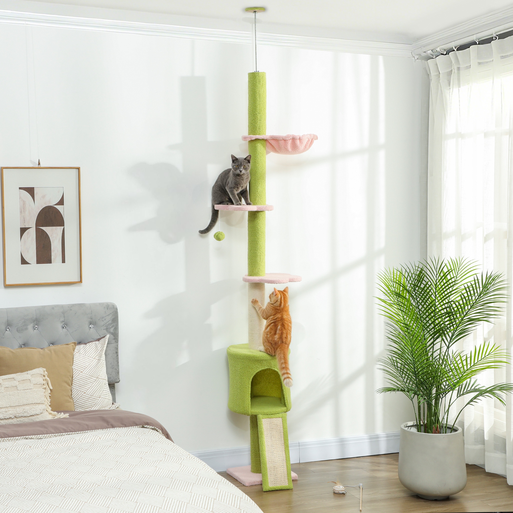 87"-94.5" Floor to Ceiling Cat Tree with Sisal Scratching Post, Condo, Hammock, Ramp, Perches, Green