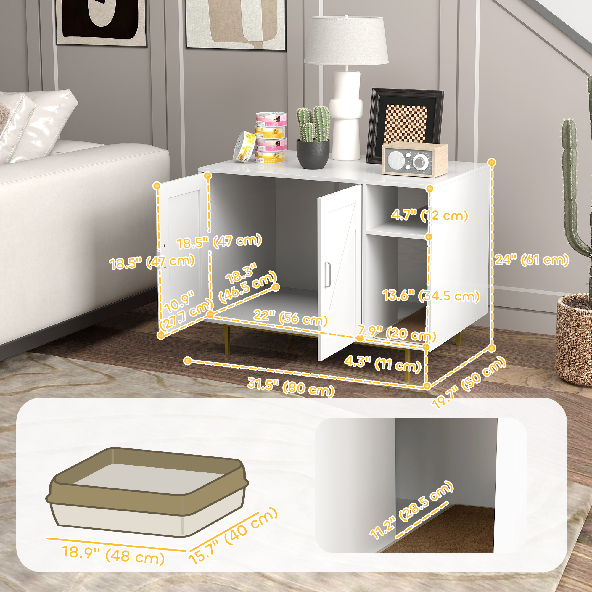 Cat Litter Box Enclosure, Hidden Litter Box with Scratching Pad, Storage, for Living Room, Bedroom, 31.5" x 20" x 24"